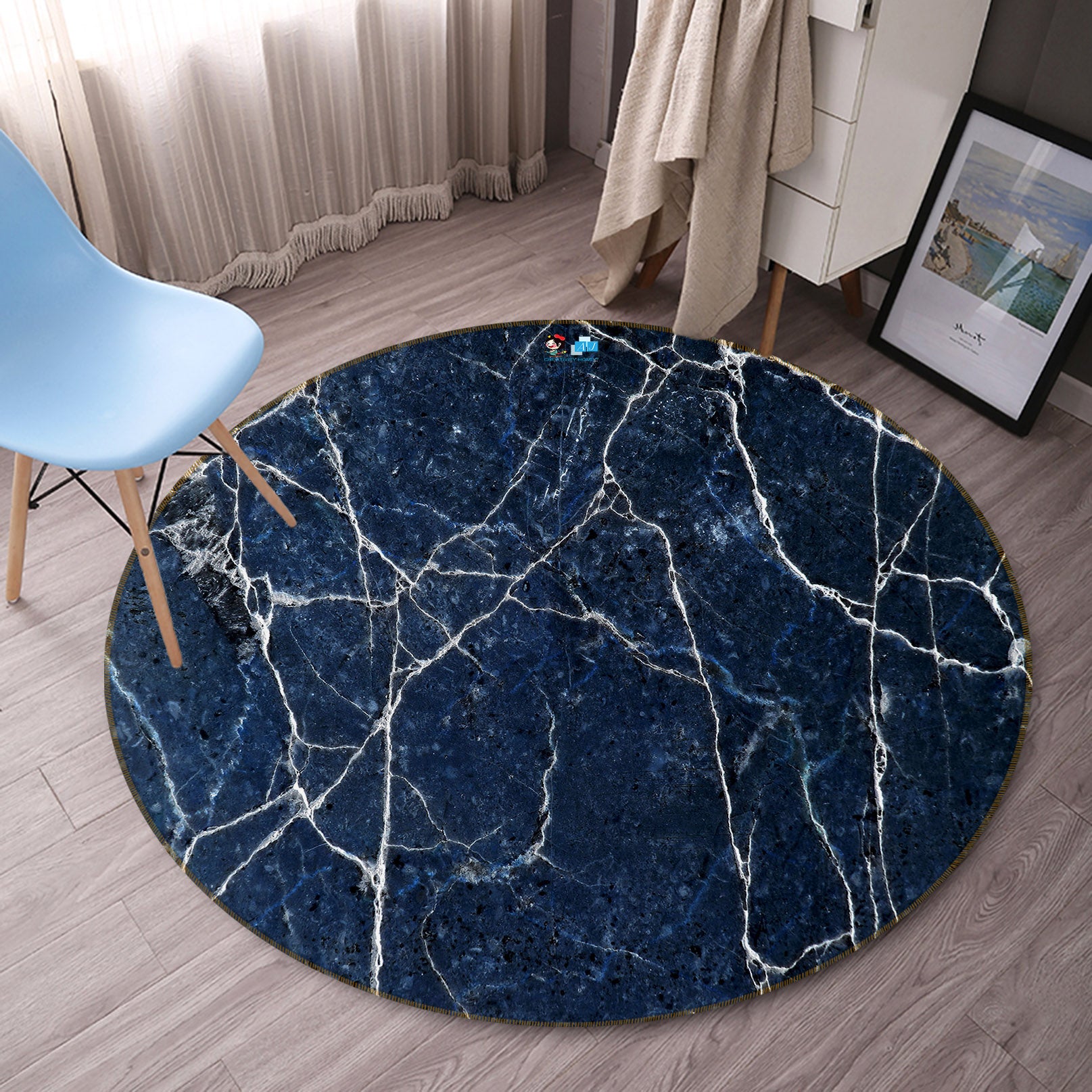 3D Black Marbling 69224 Round Non Slip Rug Mat