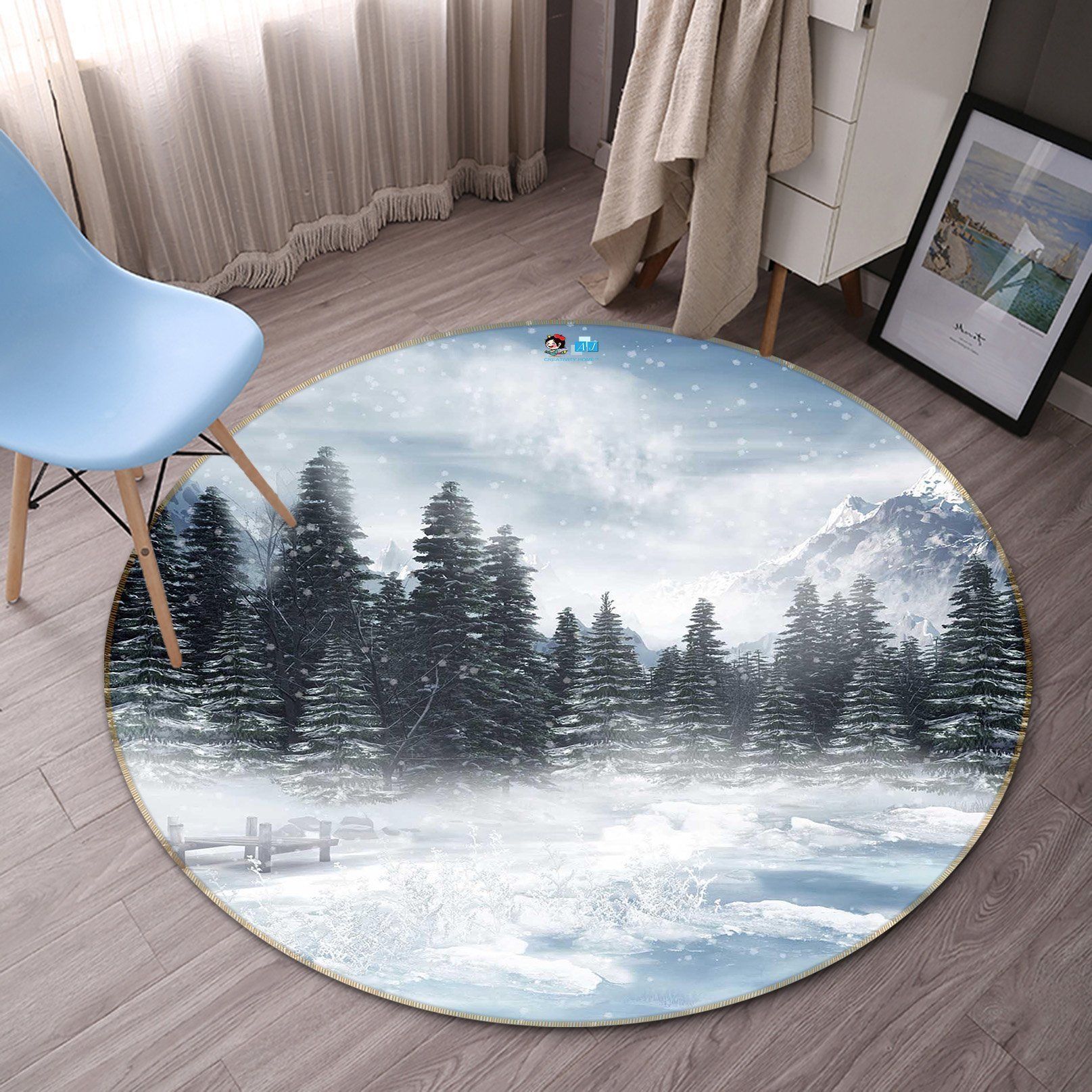 3D Forest Snow Scene 130 Round Non Slip Rug Mat Mat AJ Creativity Home