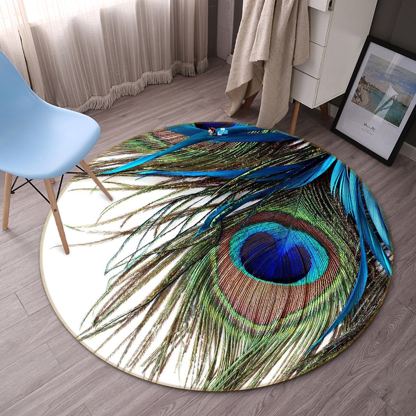 3D Peacock Feathers 34 Round Non Slip Rug Mat Mat AJ Creativity Home
