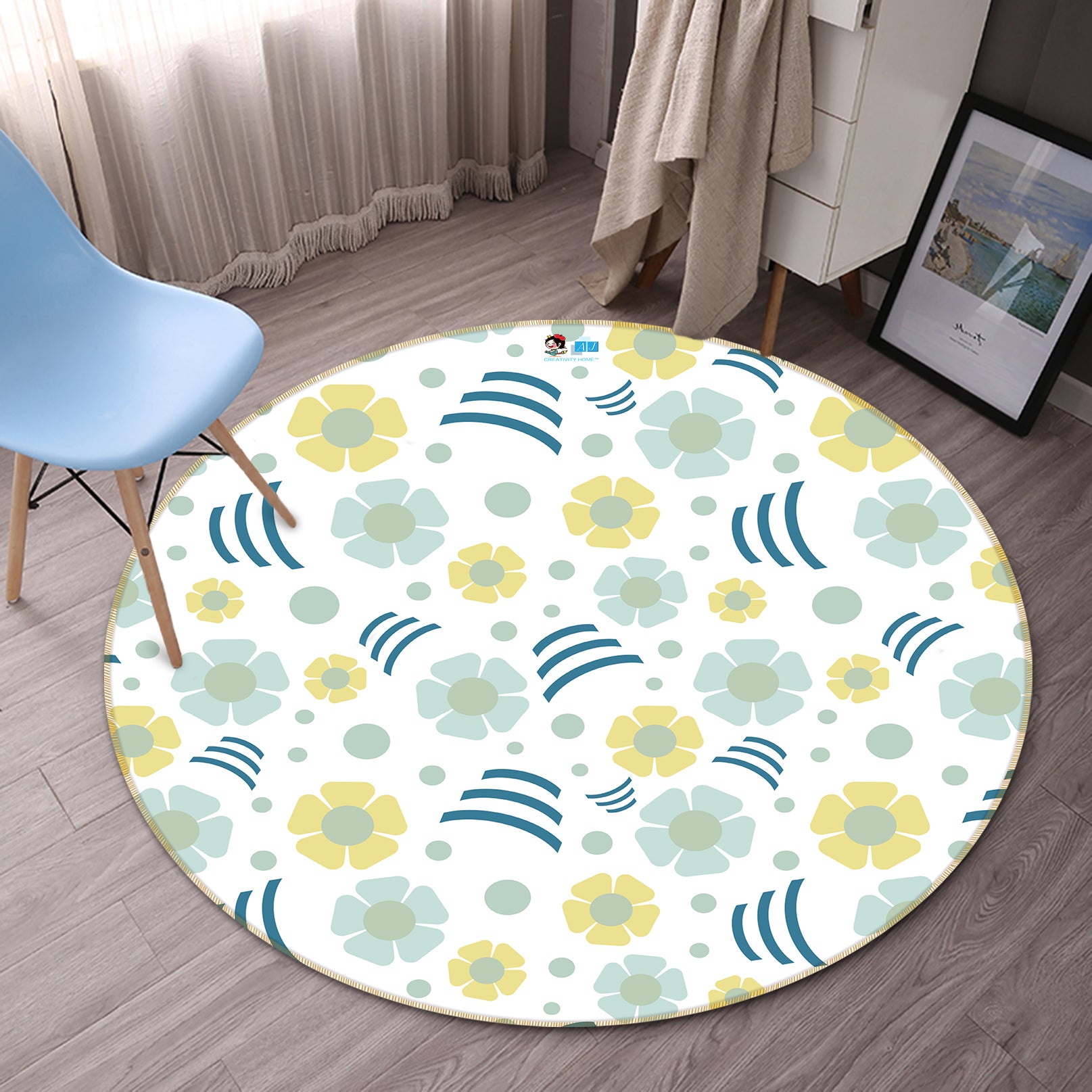 3D Yellow Blue Flower Pattern 98108 Kasumi Loffler Rug Round Non Slip Rug Mat