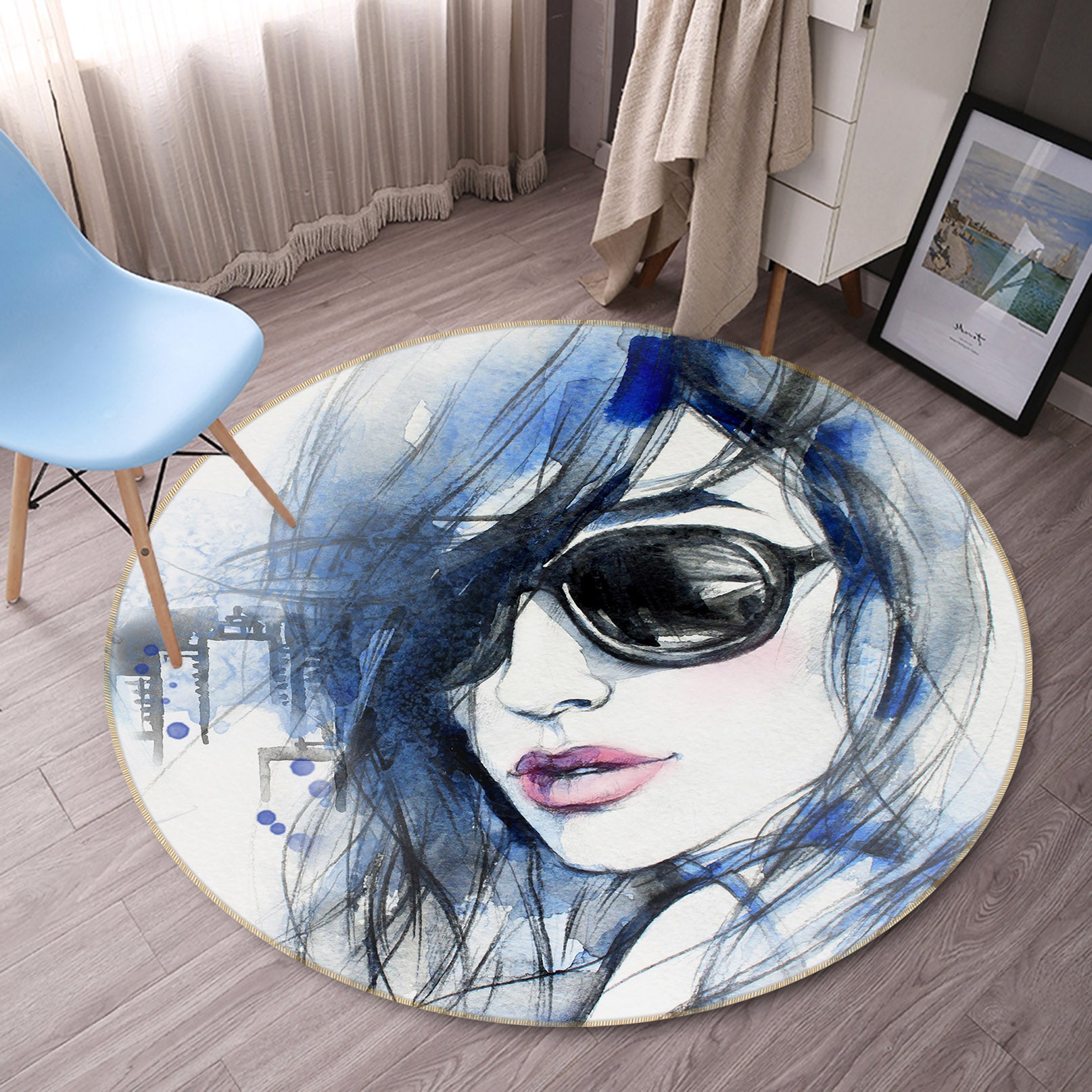 3D Sunglasses Pretty Girl 37020 Round Non Slip Rug Mat