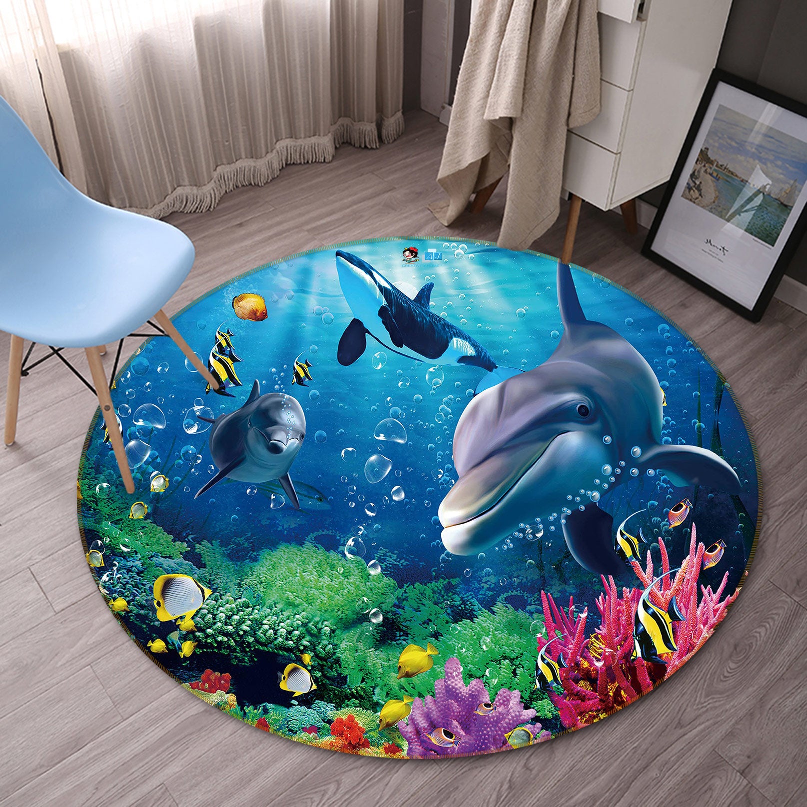 3D Sea Fish Dolphin 72219 Round Non Slip Rug Mat