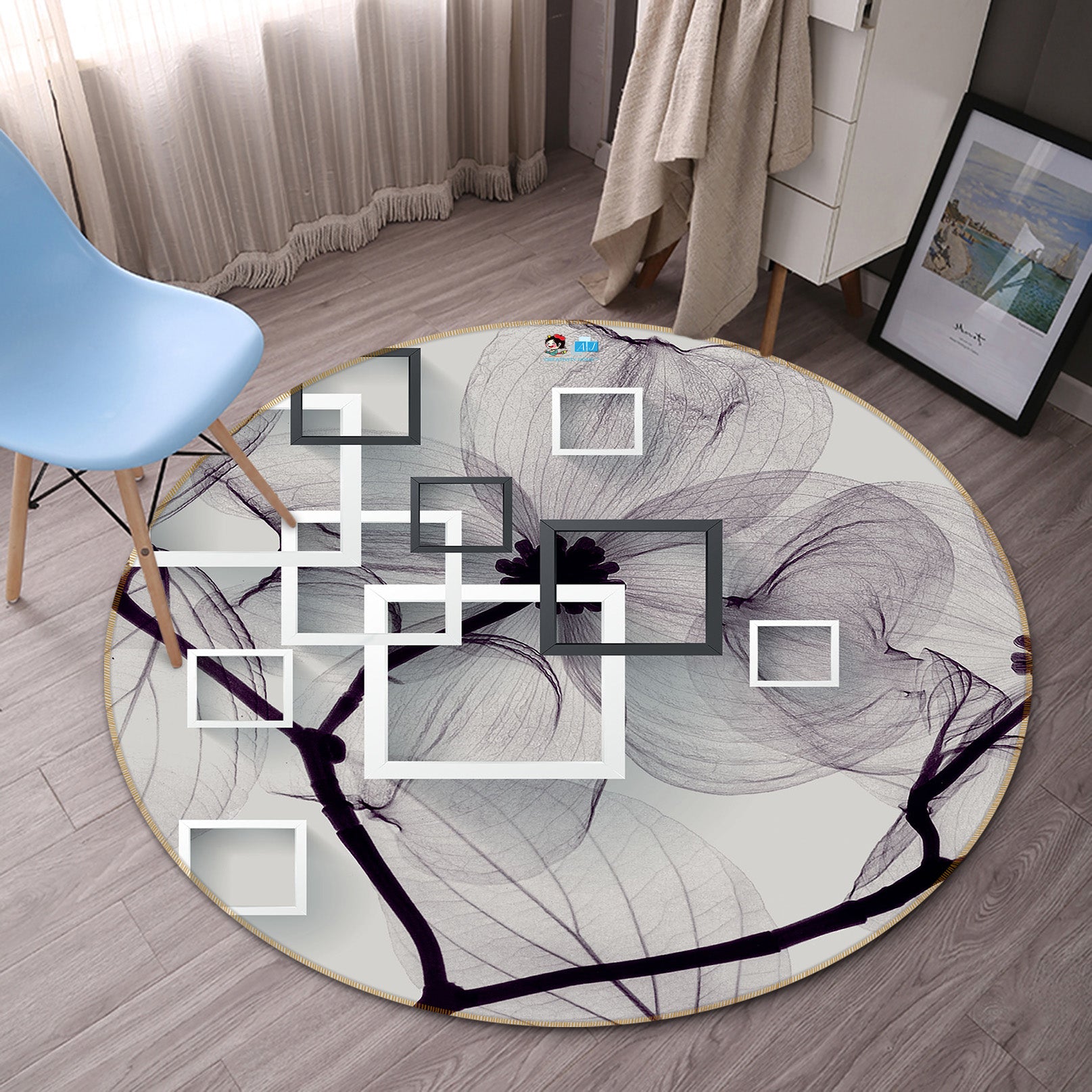 3D Square Pattern 66172 Round Non Slip Rug Mat