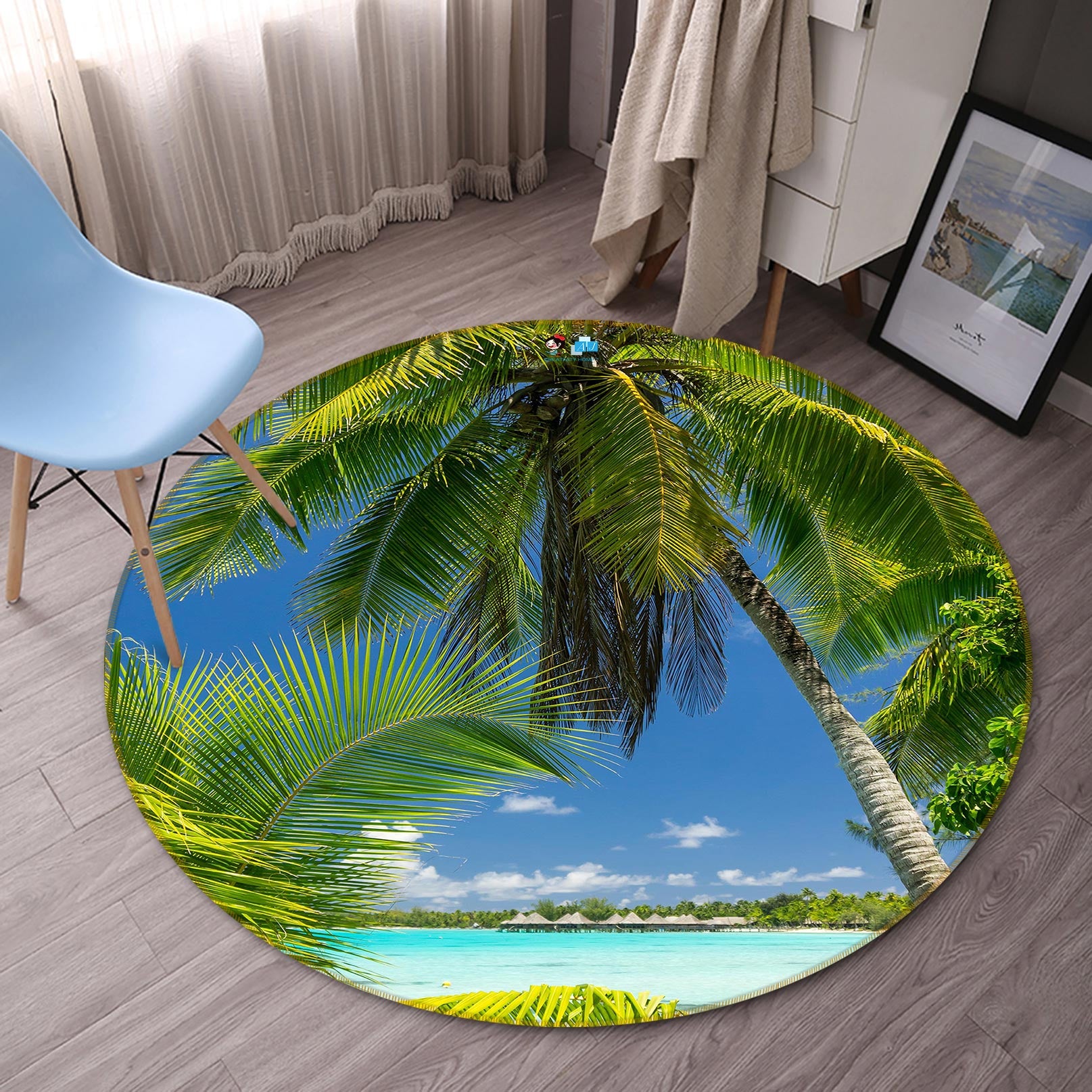 3D Coconut Tree Beach 80225 Round Non Slip Rug Mat