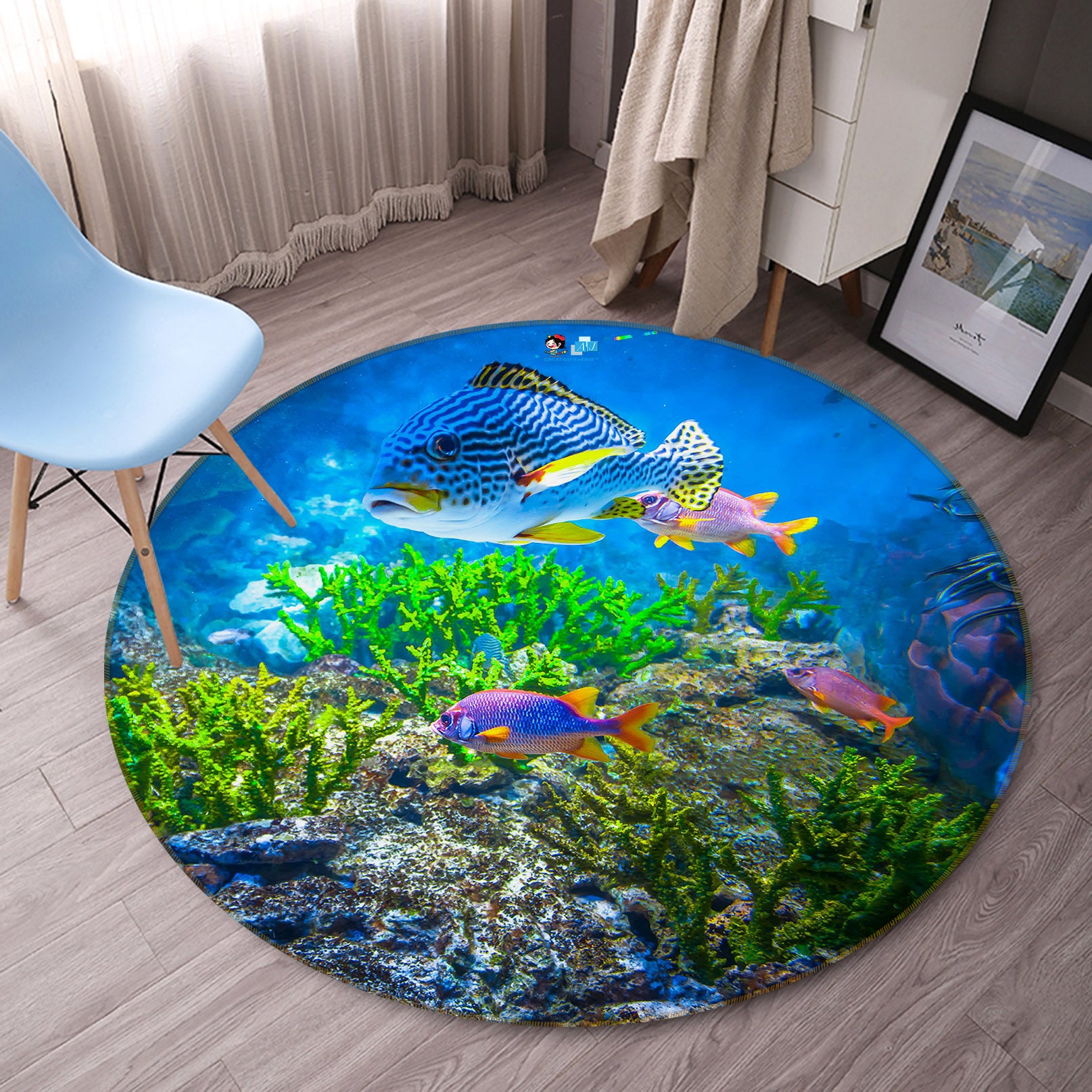 3D Seabed Fish 75091 Round Non Slip Rug Mat