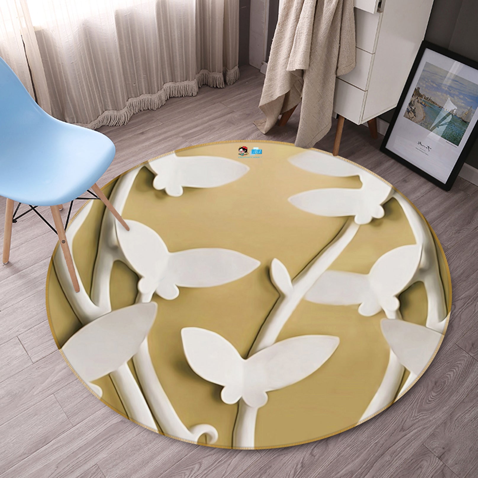 3D Embossed Butterfly 74020 Round Non Slip Rug Mat