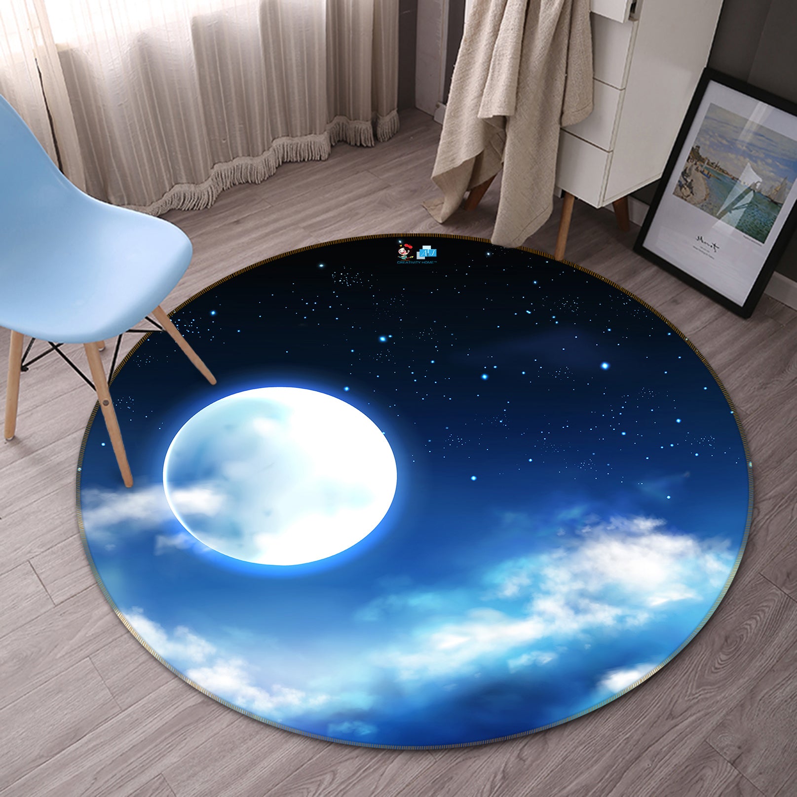 3D Moon Clouds 81031 Round Non Slip Rug Mat