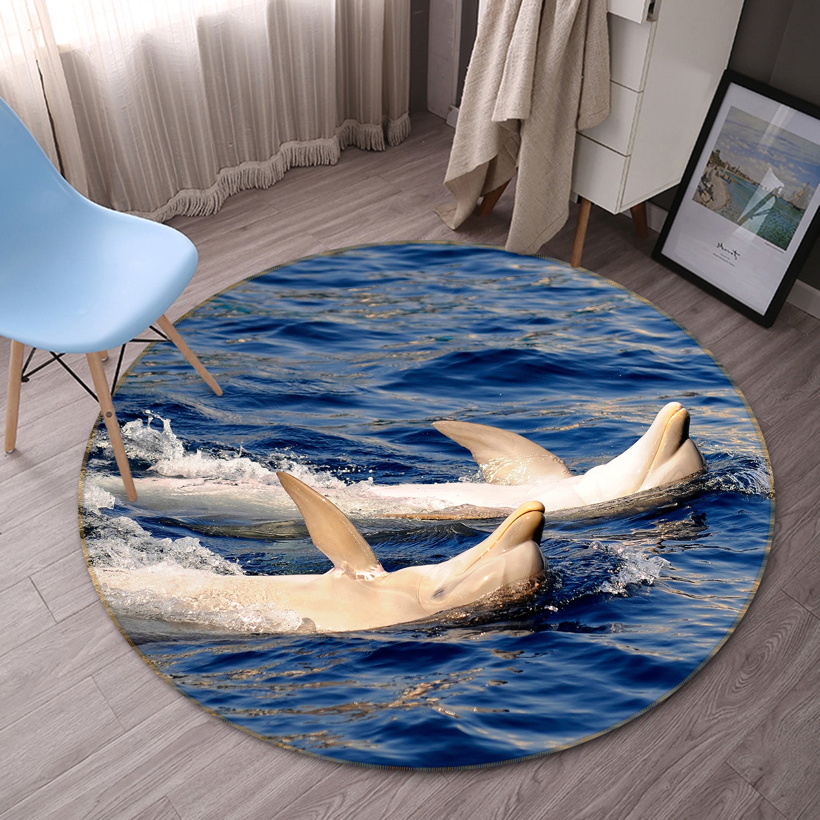 3D Dolphin Surge 38018 Animal Round Non Slip Rug Mat