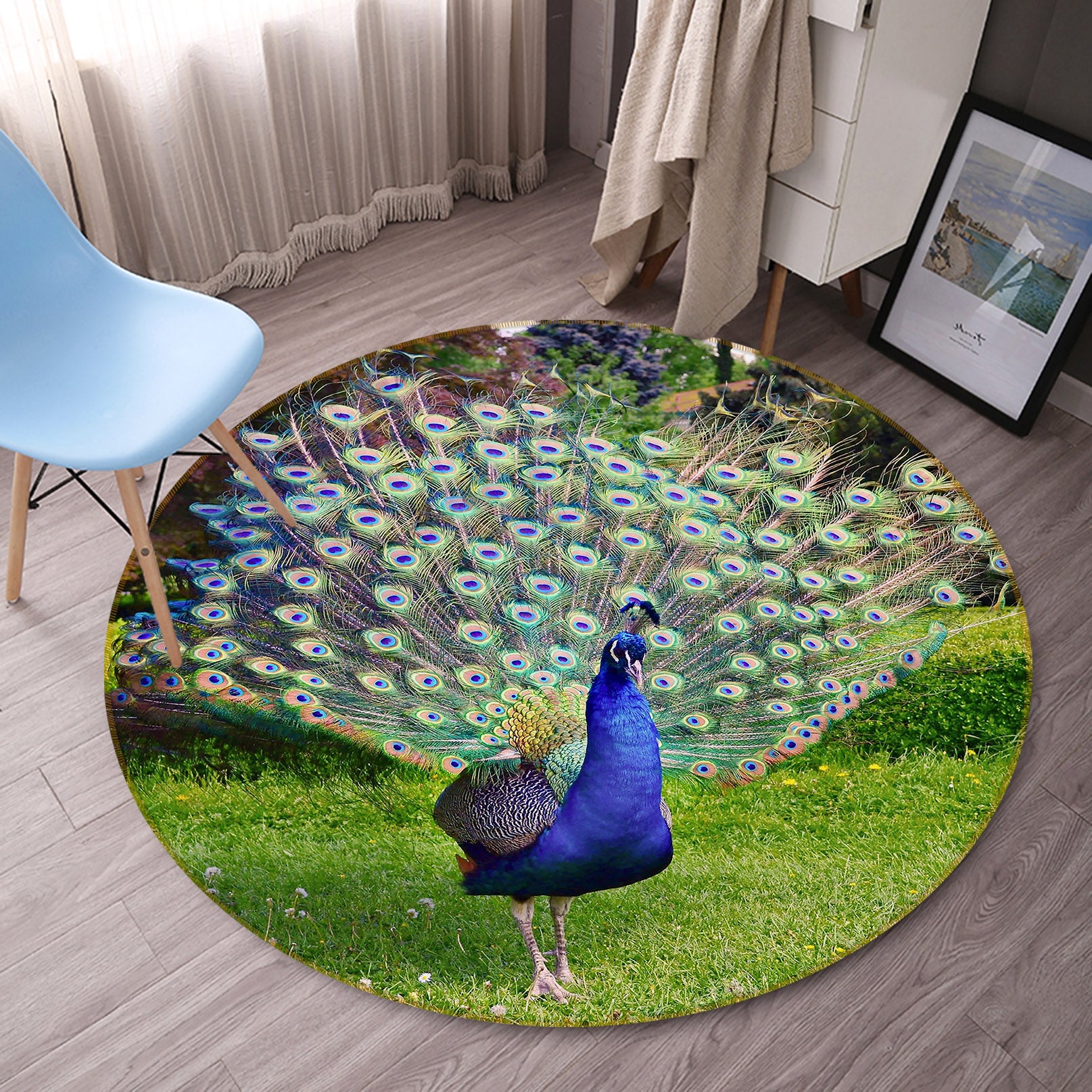 3D Peacock 37202 Animal Round Non Slip Rug Mat