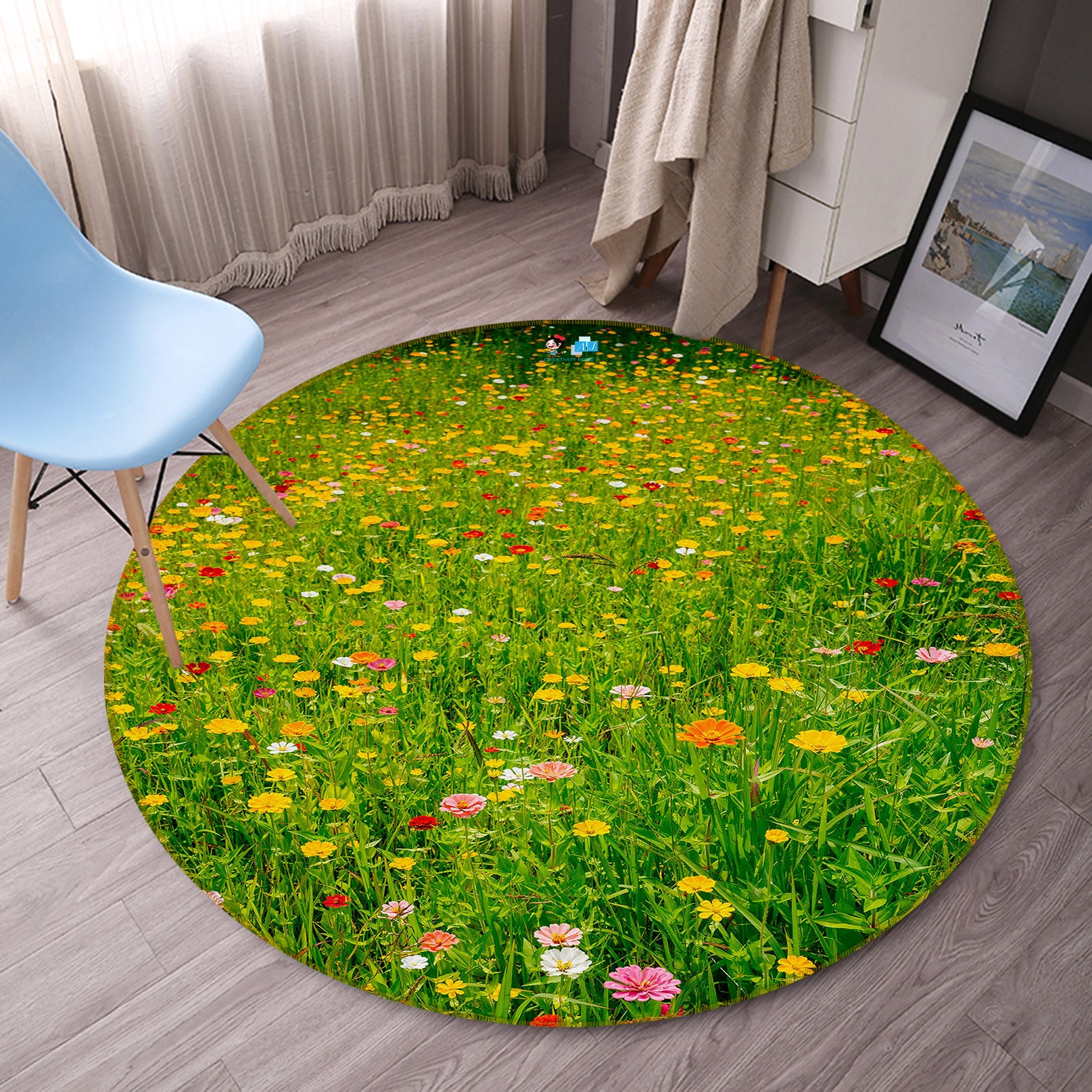 3D Grass Flowers 71177 Round Non Slip Rug Mat