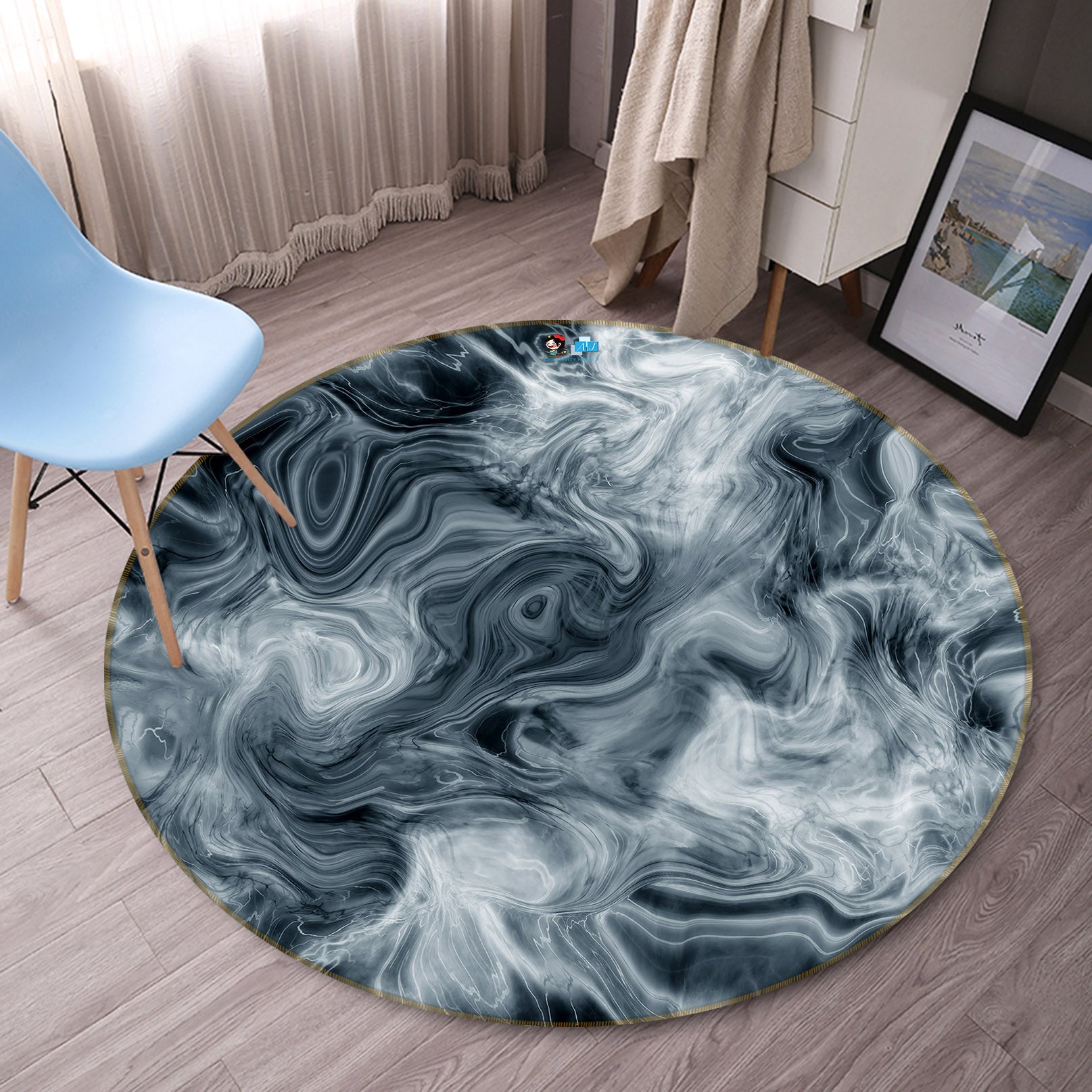 3D Black-Gray Texture 69194 Round Non Slip Rug Mat