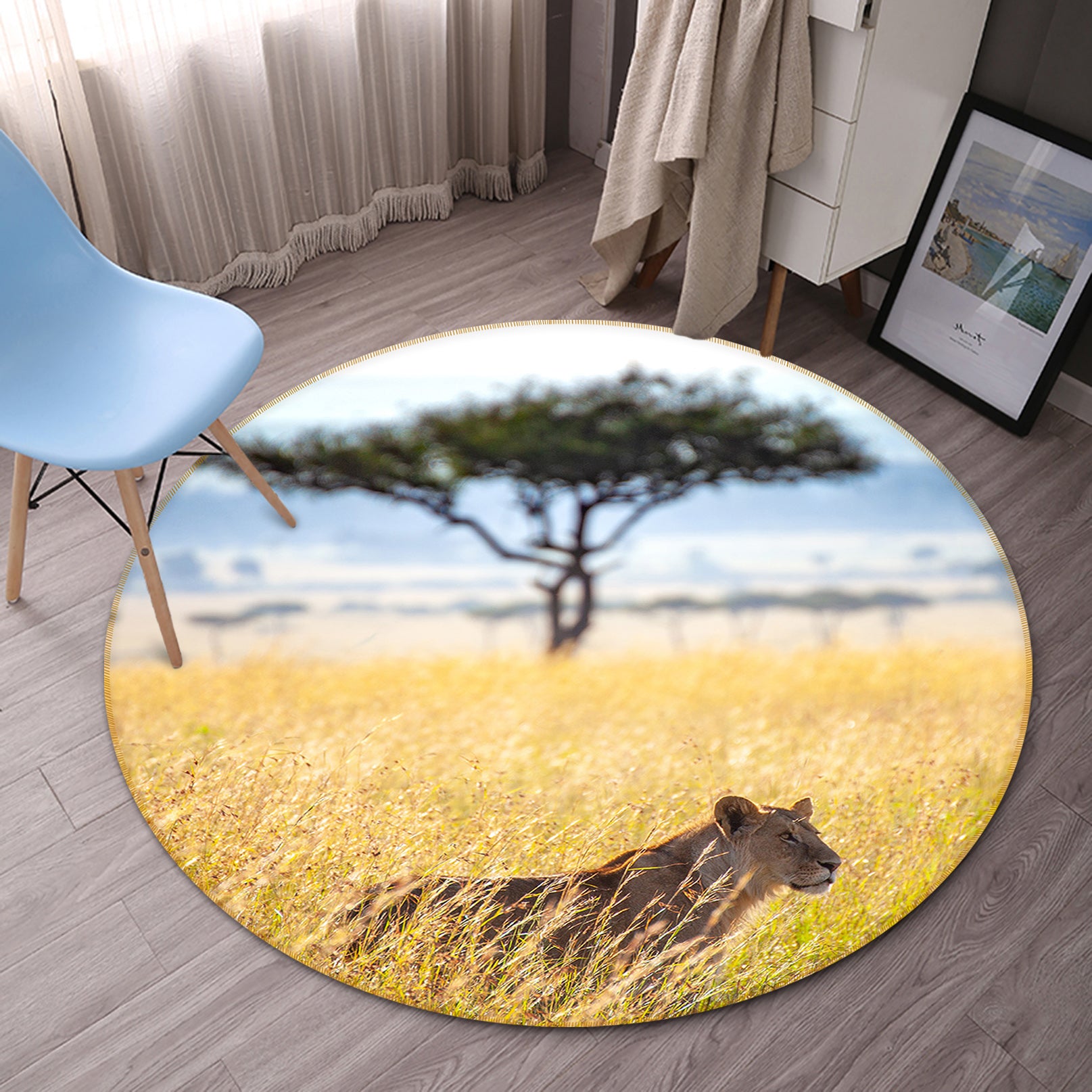 3D Bush Lion 82267 Animal Round Non Slip Rug Mat