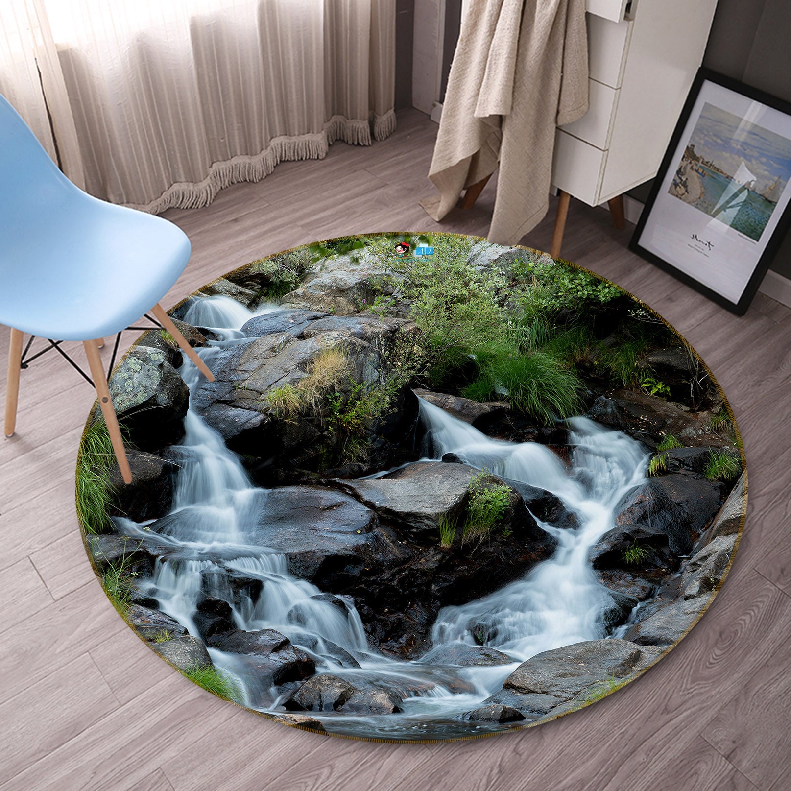 3D Stone Running Water 69122 Round Non Slip Rug Mat