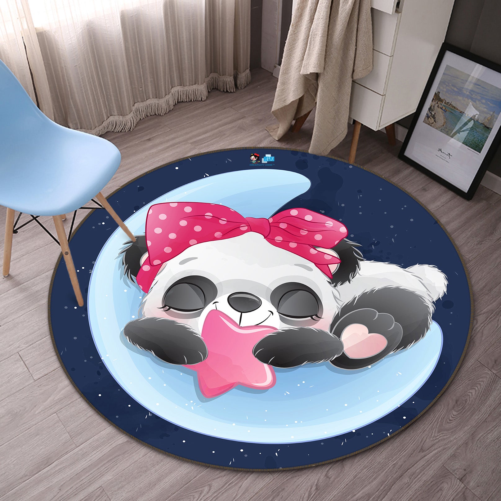 3D Blue Moon Panda 74236 Round Non Slip Rug Mat