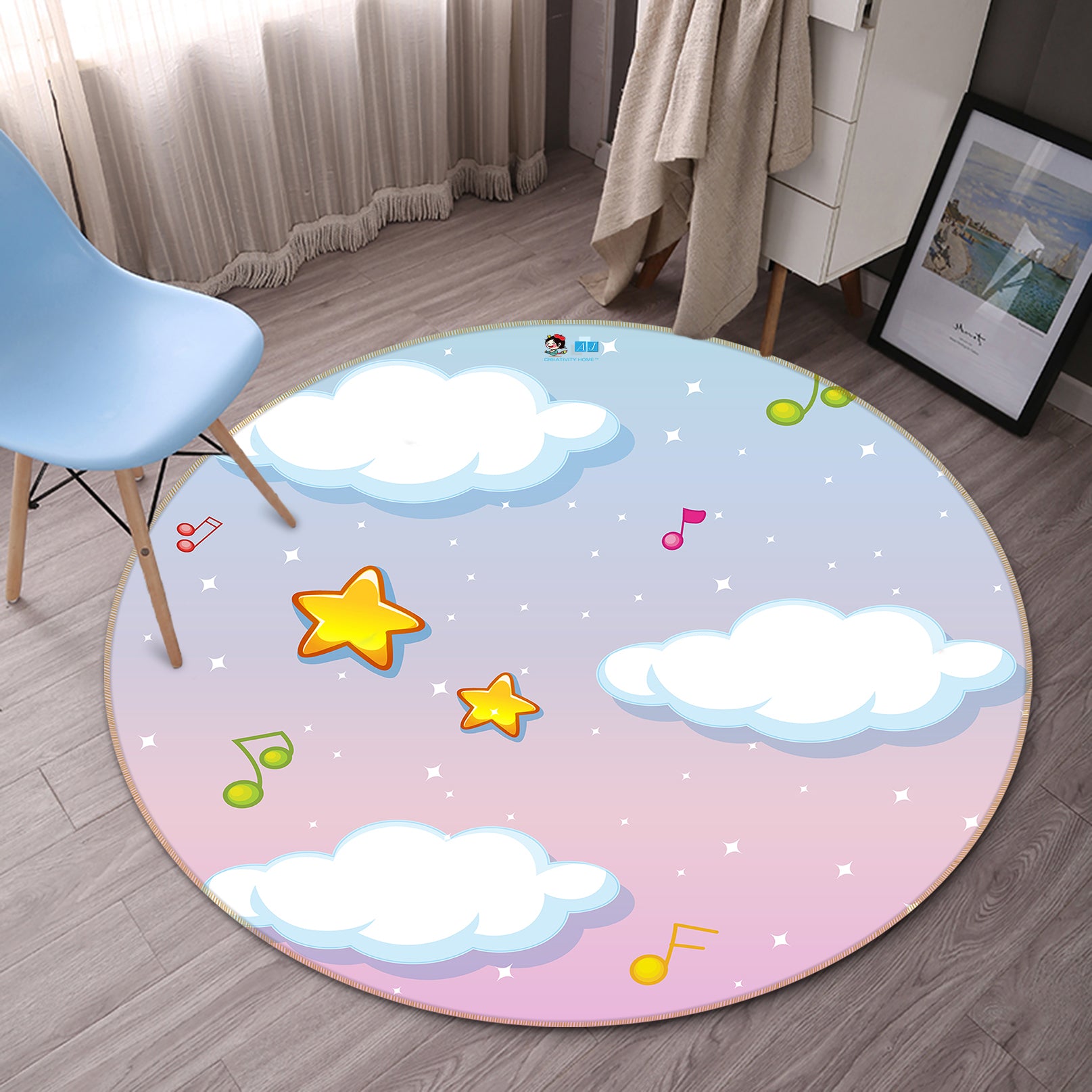 3D Clouds Yellow Stars 81146 Round Non Slip Rug Mat