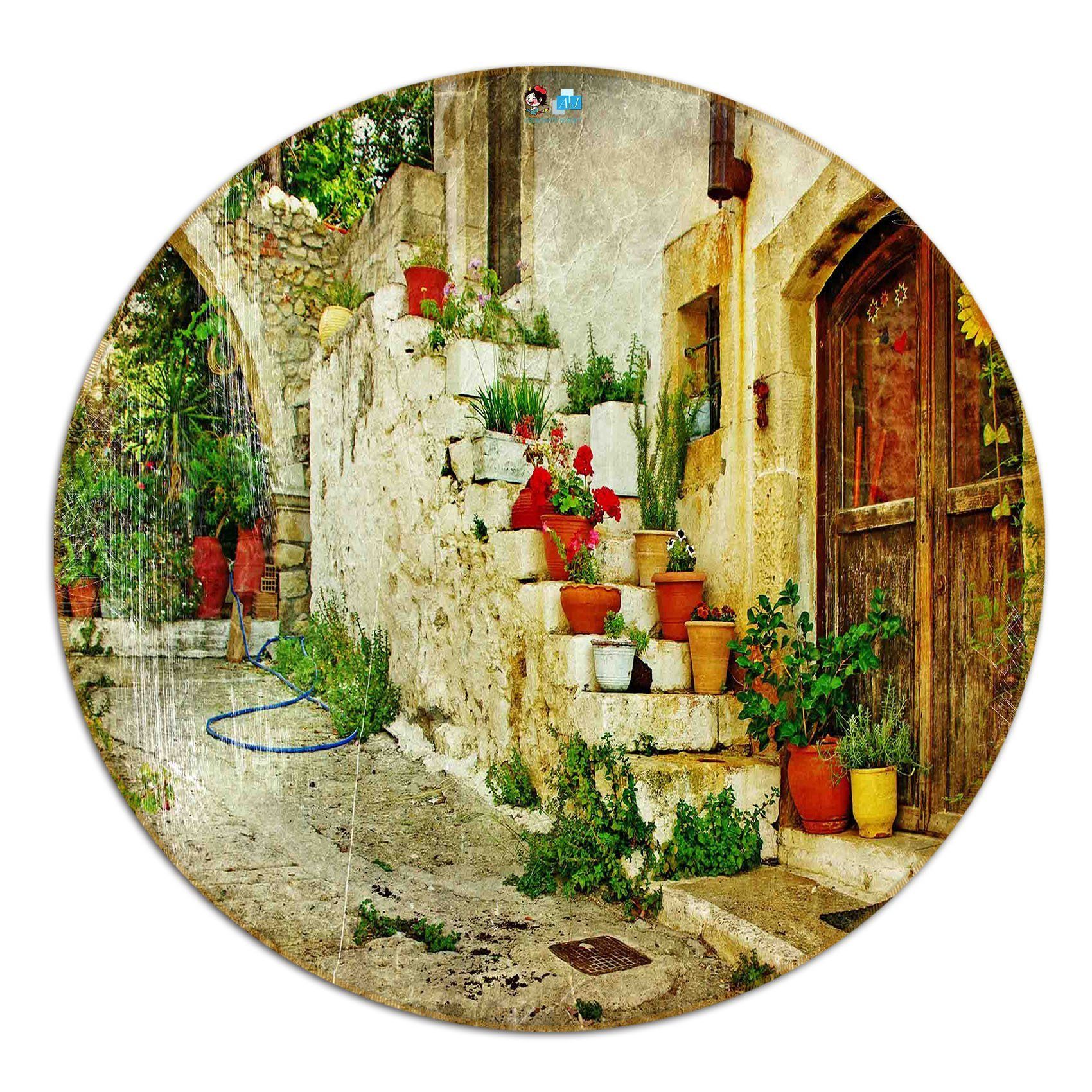 3D Courtyard Potted Plants 18 Round Non Slip Rug Mat Mat AJ Creativity Home