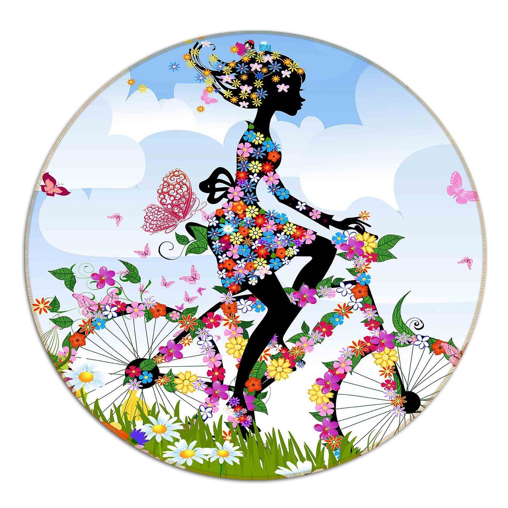 3D Flowers Bike Girl 39 Round Non Slip Rug Mat Mat AJ Creativity Home