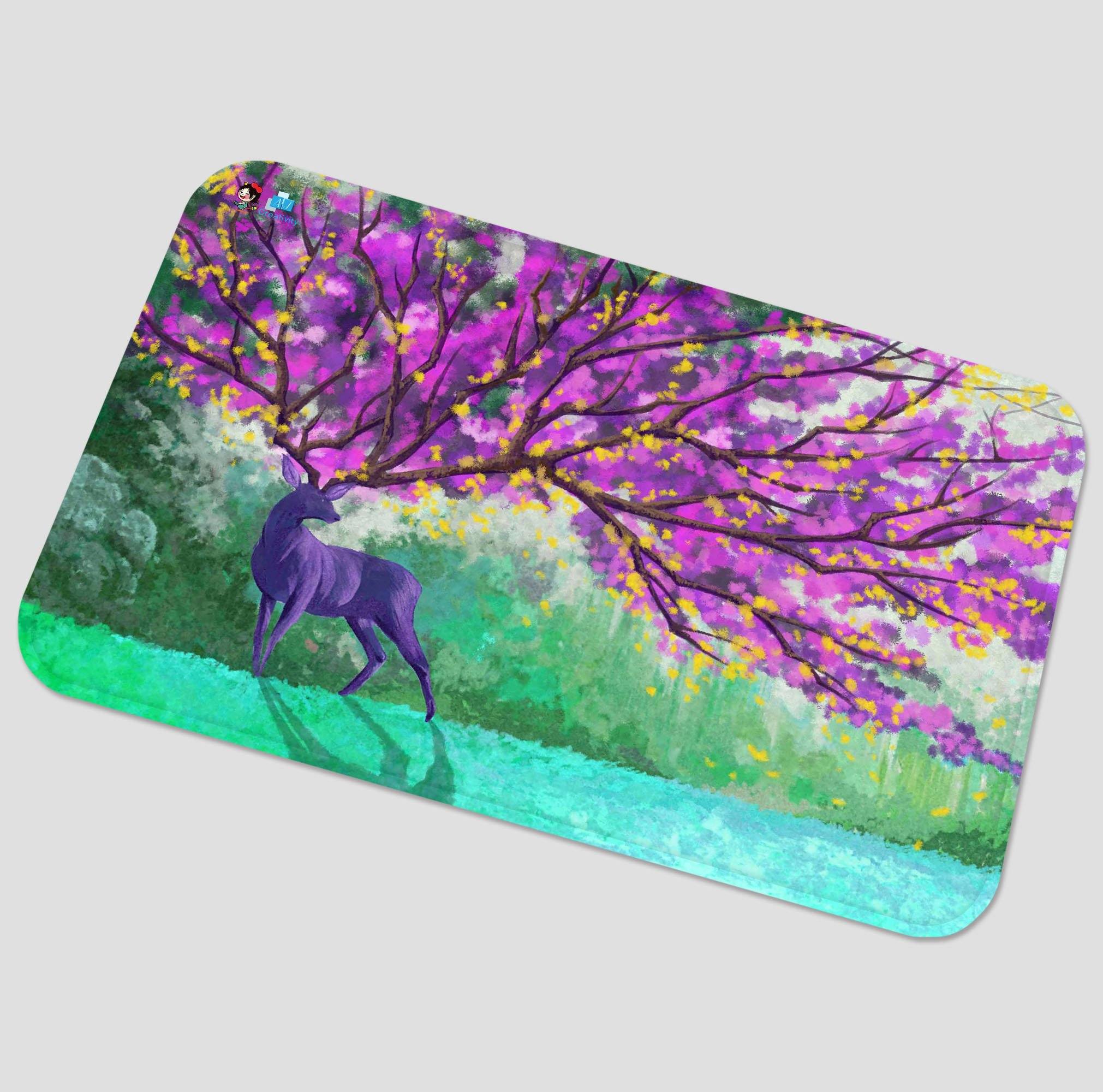 3D Deer Flowering Tree 80 Non Slip Rug Mat Mat AJ Creativity Home