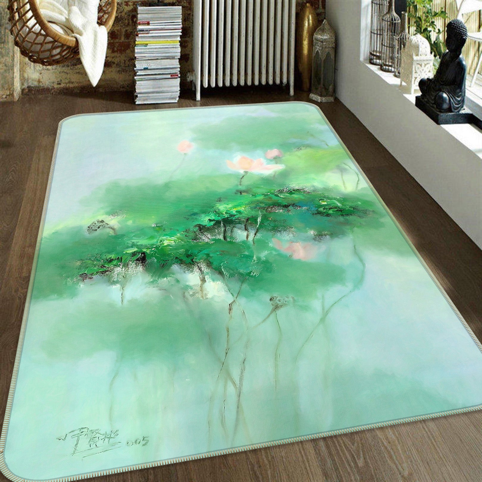 3D Green Lotus Leaf 65039 Non Slip Rug Mat
