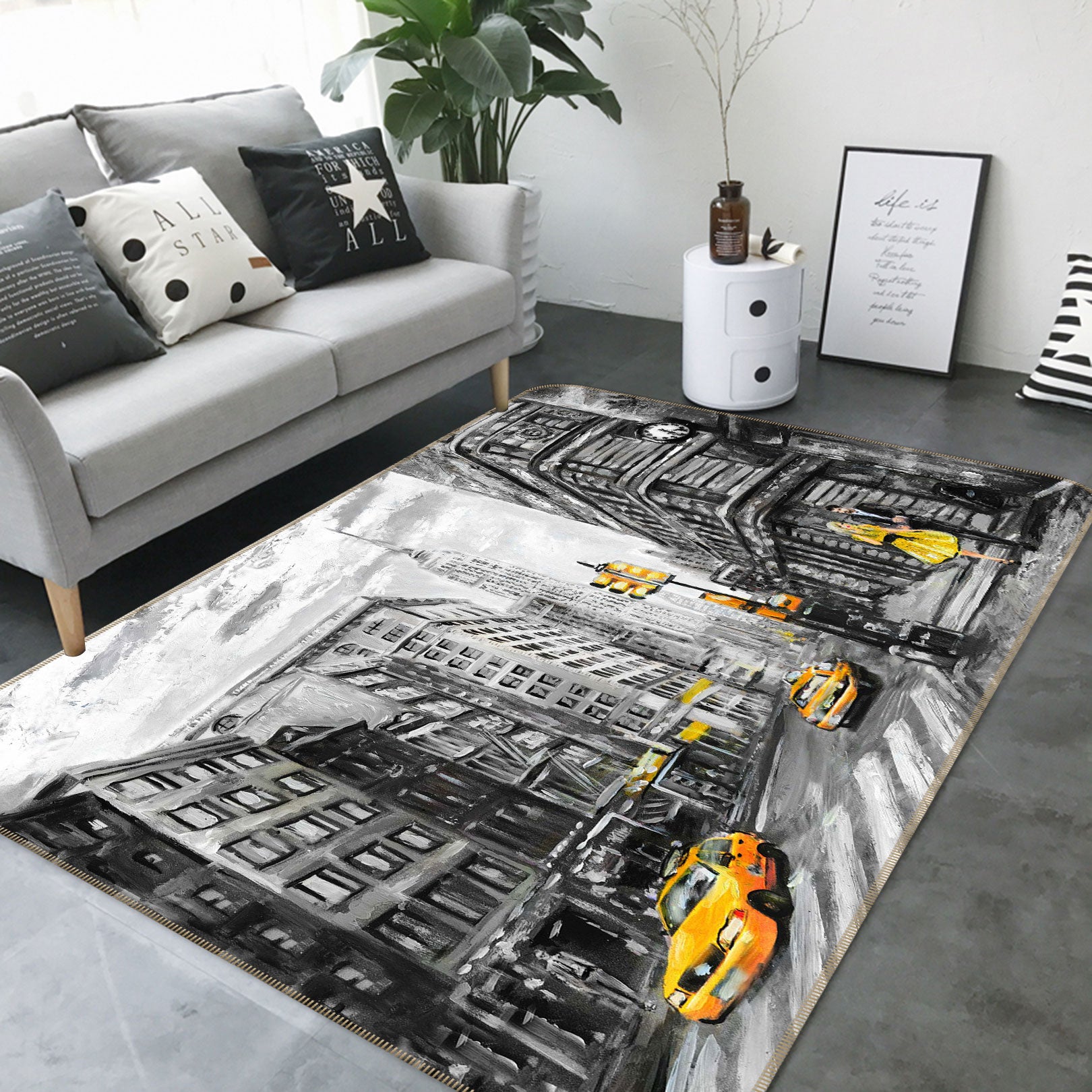 3D Yellow Car Street 1033 Non Slip Rug Mat