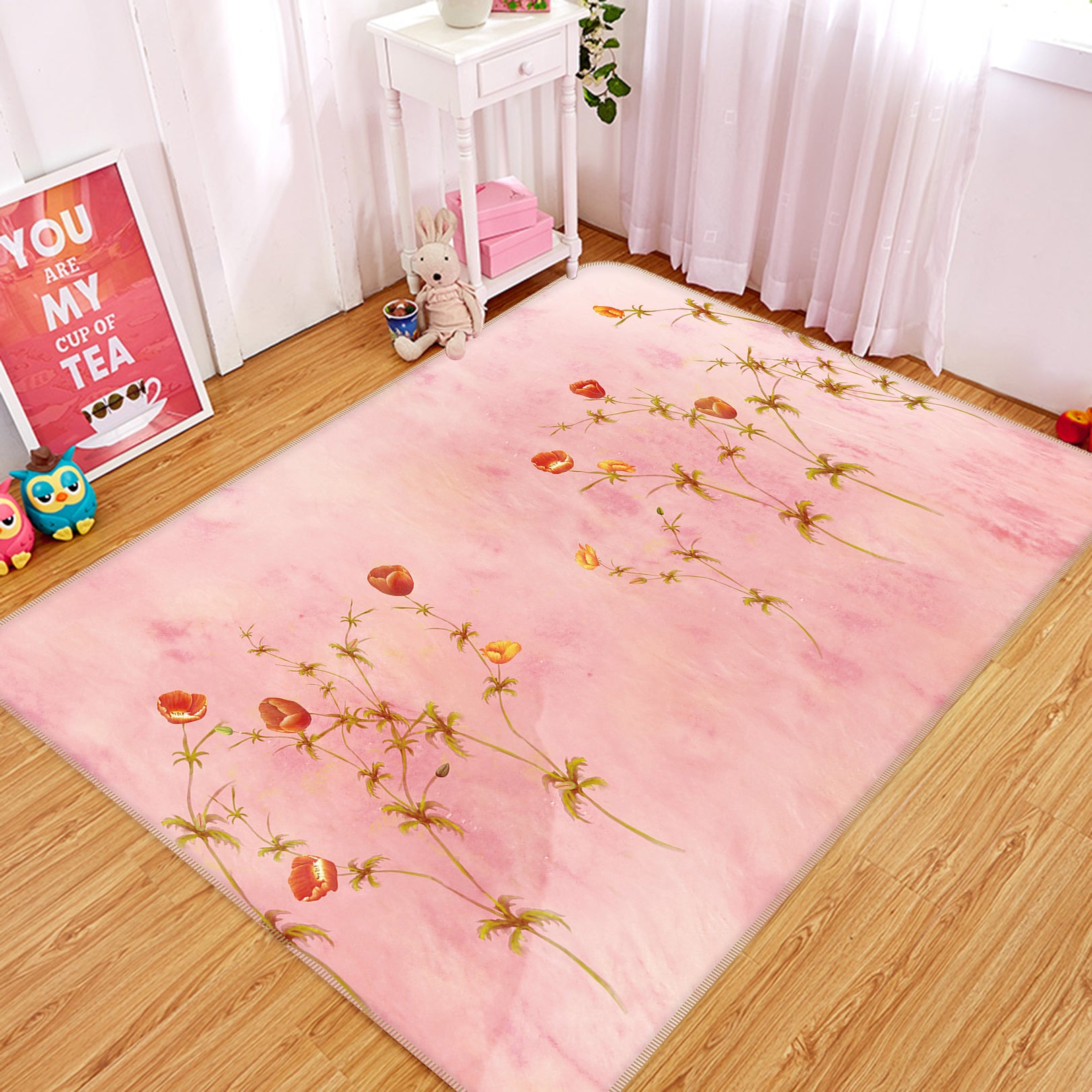 3D Pink Flowers 75163 Non Slip Rug Mat