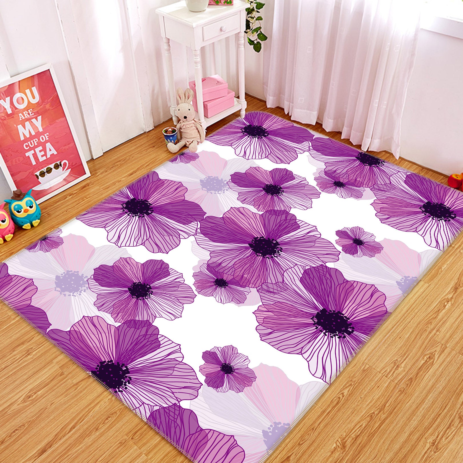 3D Purple Flowers 34232 Non Slip Rug Mat
