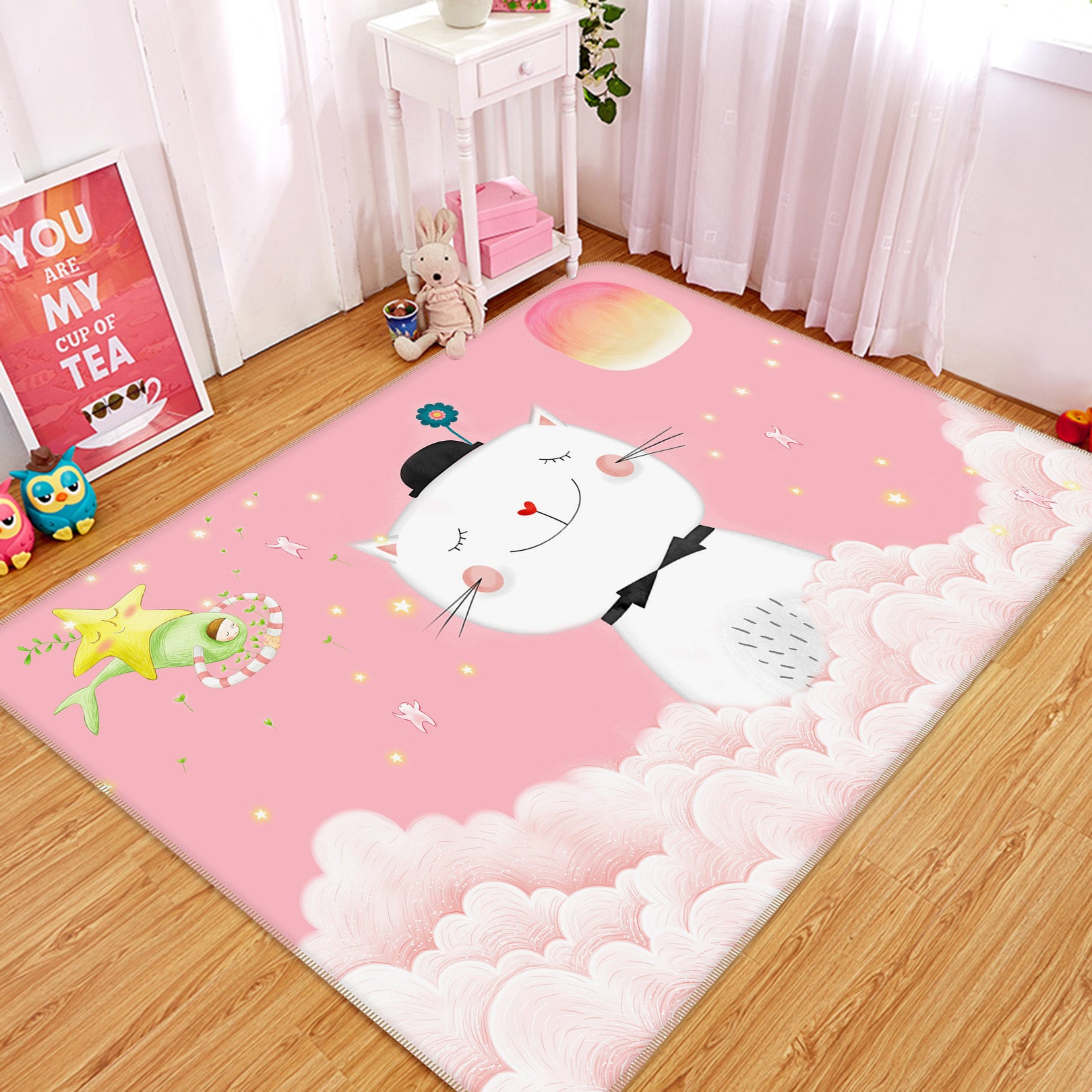 3D Cat Pink Cloud 34037 Non Slip Rug Mat