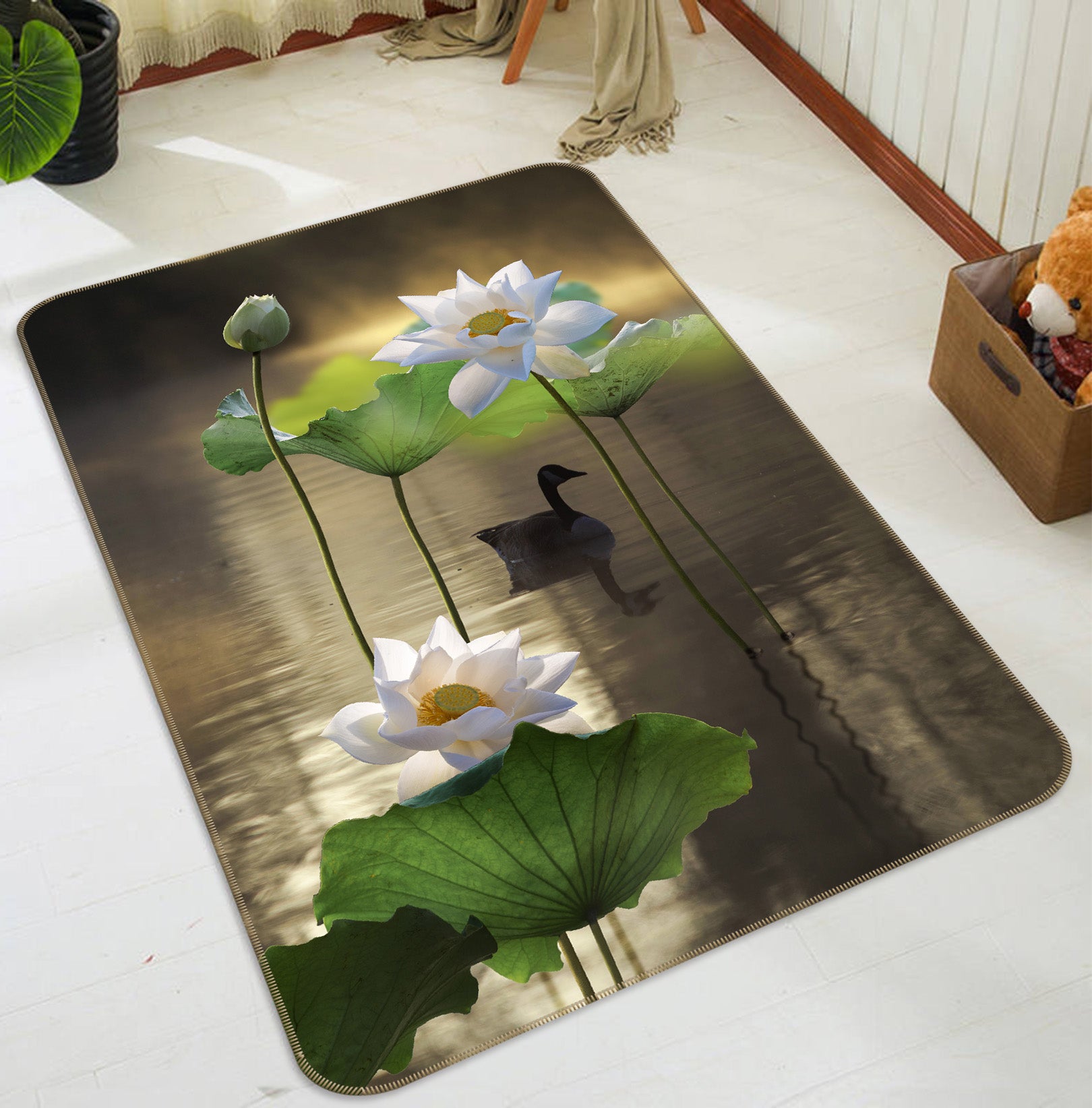 3D White Lotus 26112 Non Slip Rug Mat