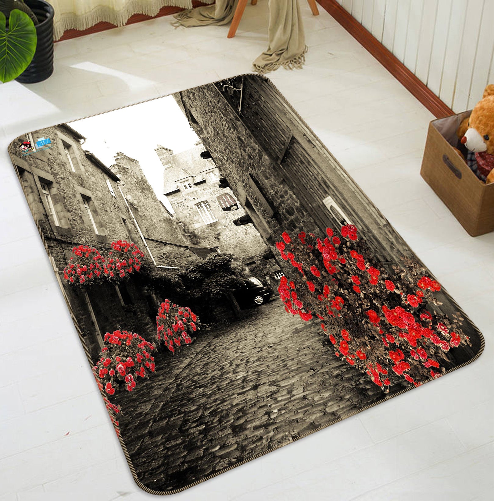 3D Street Red Flower 66128 Non Slip Rug Mat