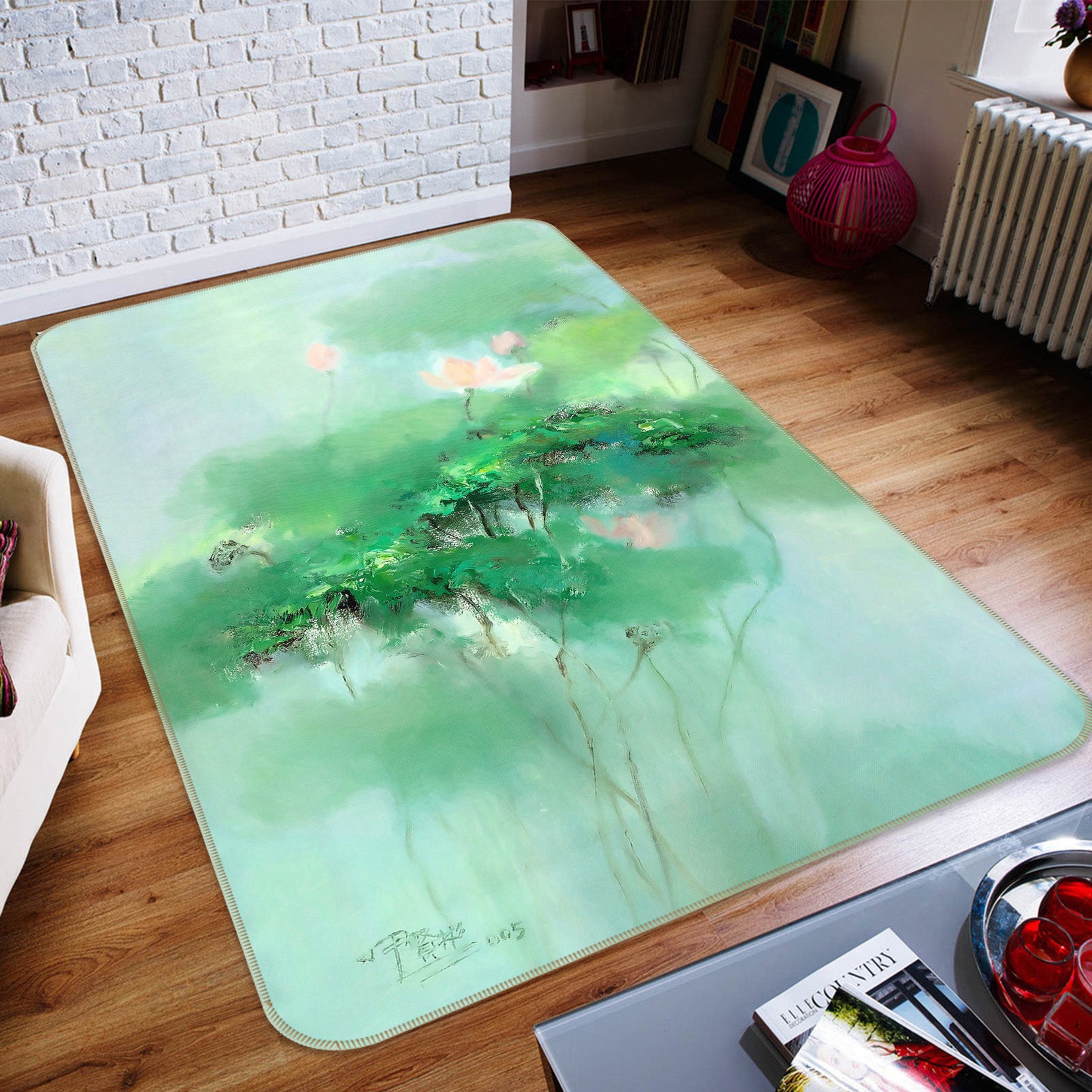 3D Green Lotus Leaf 65039 Non Slip Rug Mat