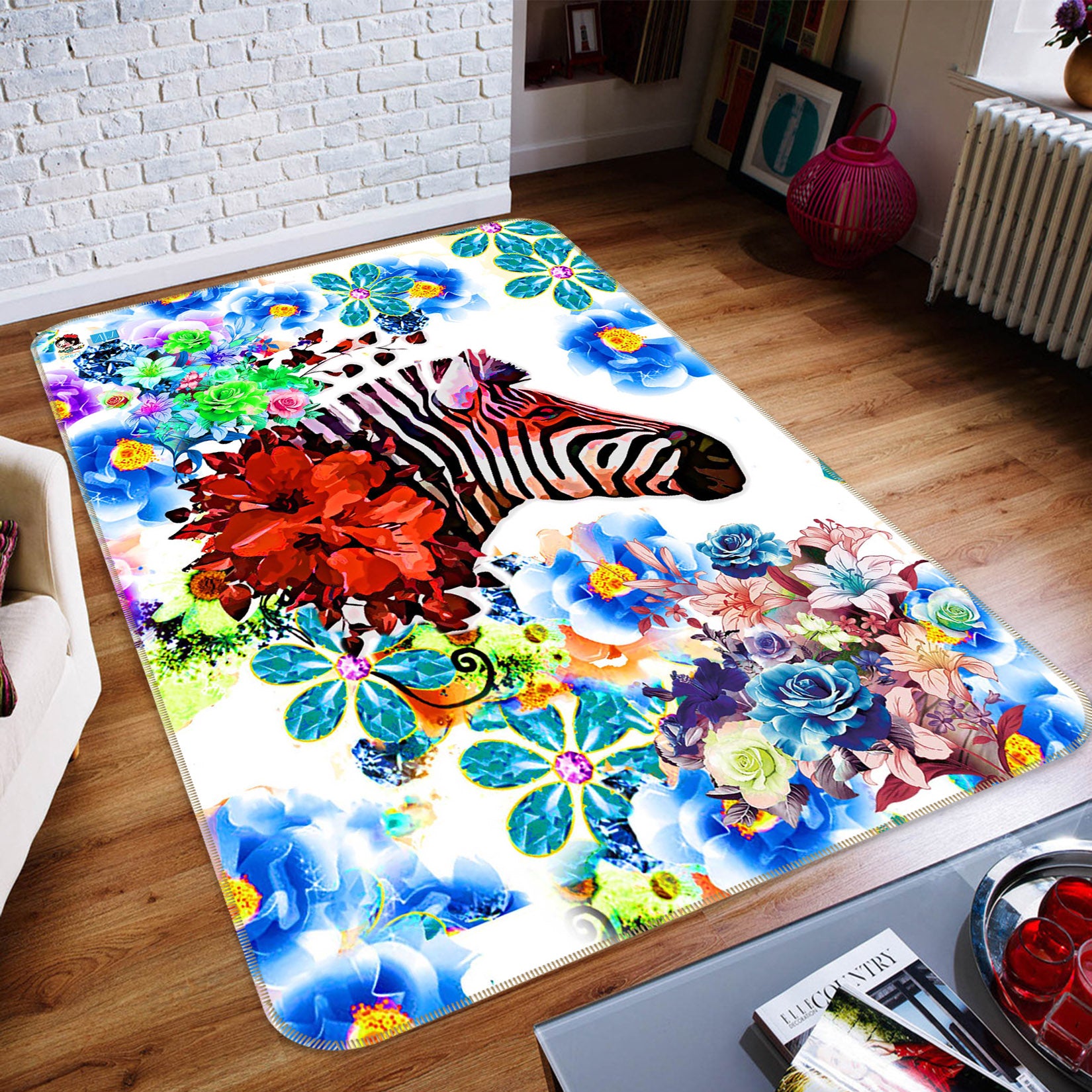 3D Flowers Zebra 66129 Non Slip Rug Mat