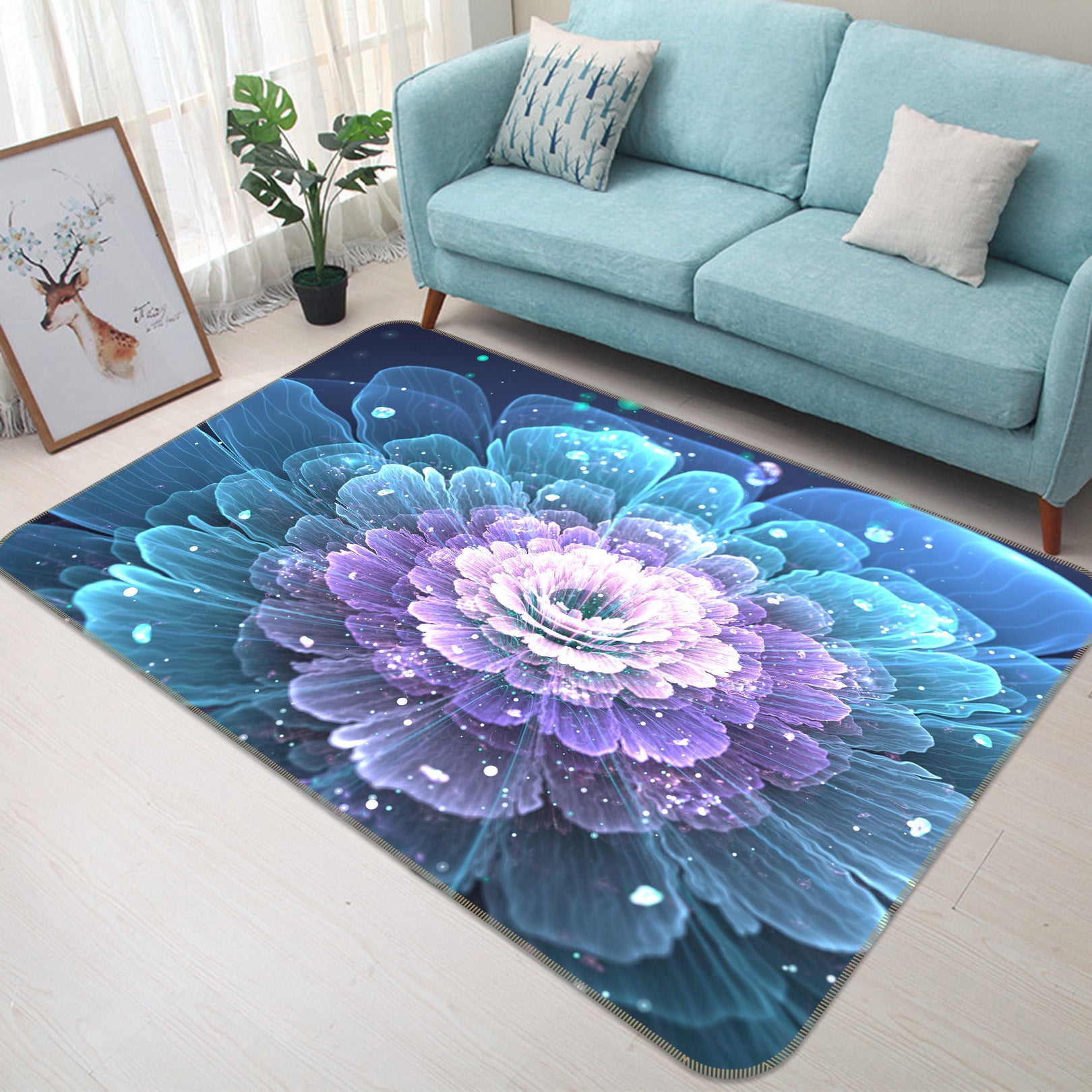 3D Blue Purple Flowers 65081 Non Slip Rug Mat