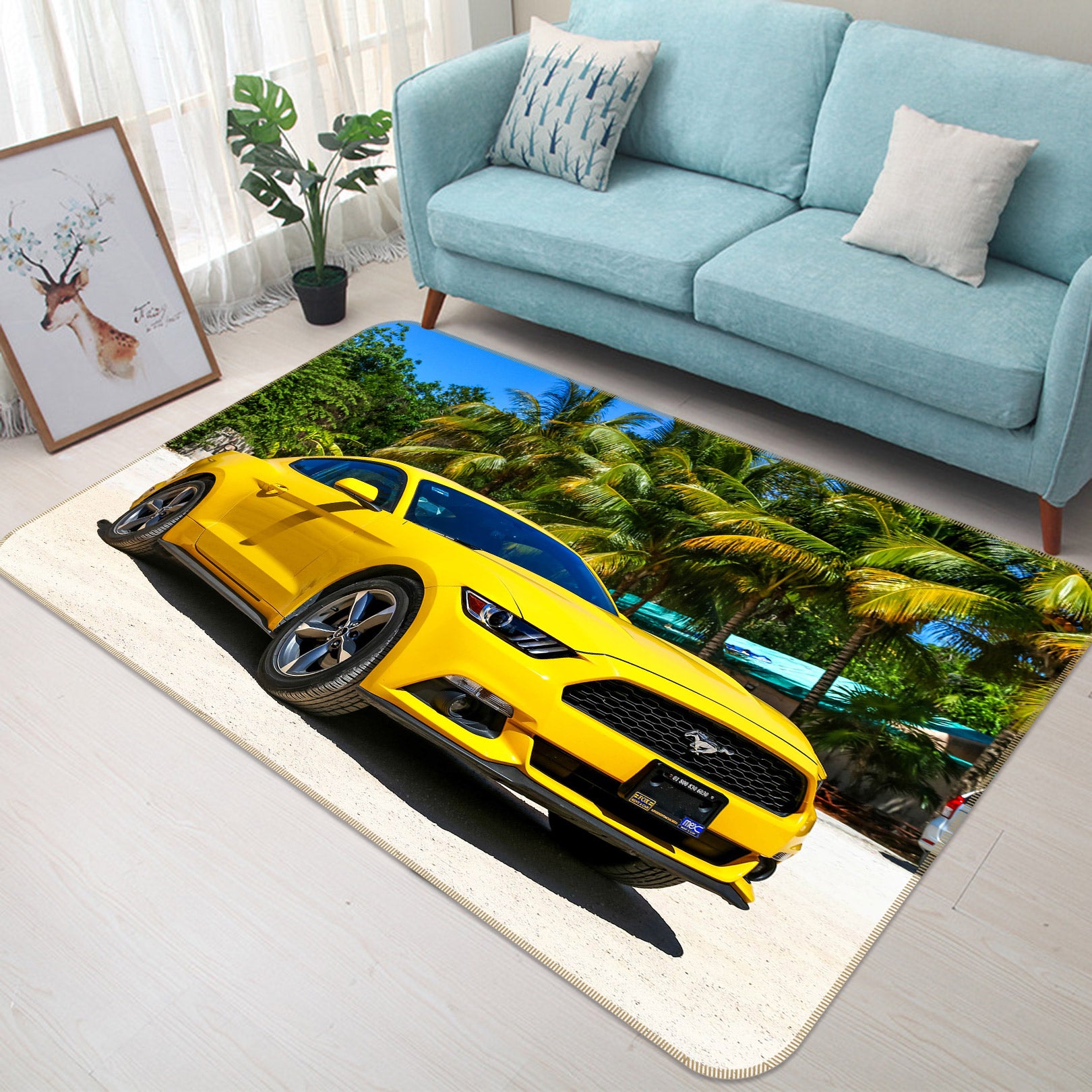 3D Coconut Tree Yellow Car 67236 Vehicle Non Slip Rug Mat