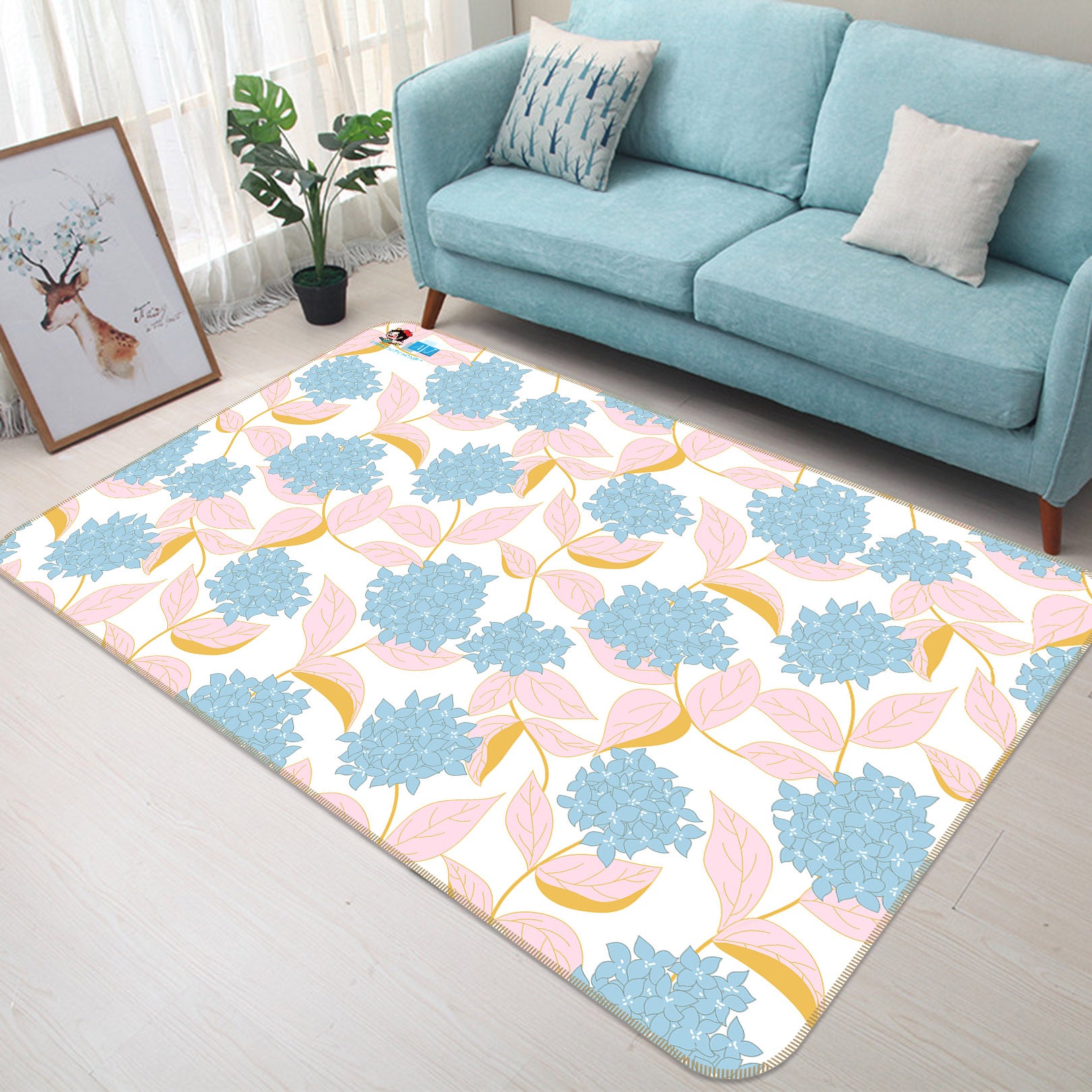 3D Blue Flowers Pink Leaves 107107 Kashmira Jayaprakash Rug Non Slip Rug Mat
