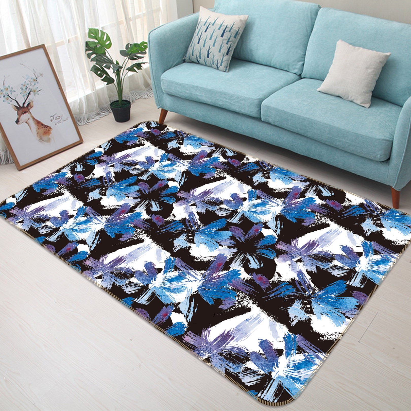 3D Blue Flowers 35046 Non Slip Rug Mat