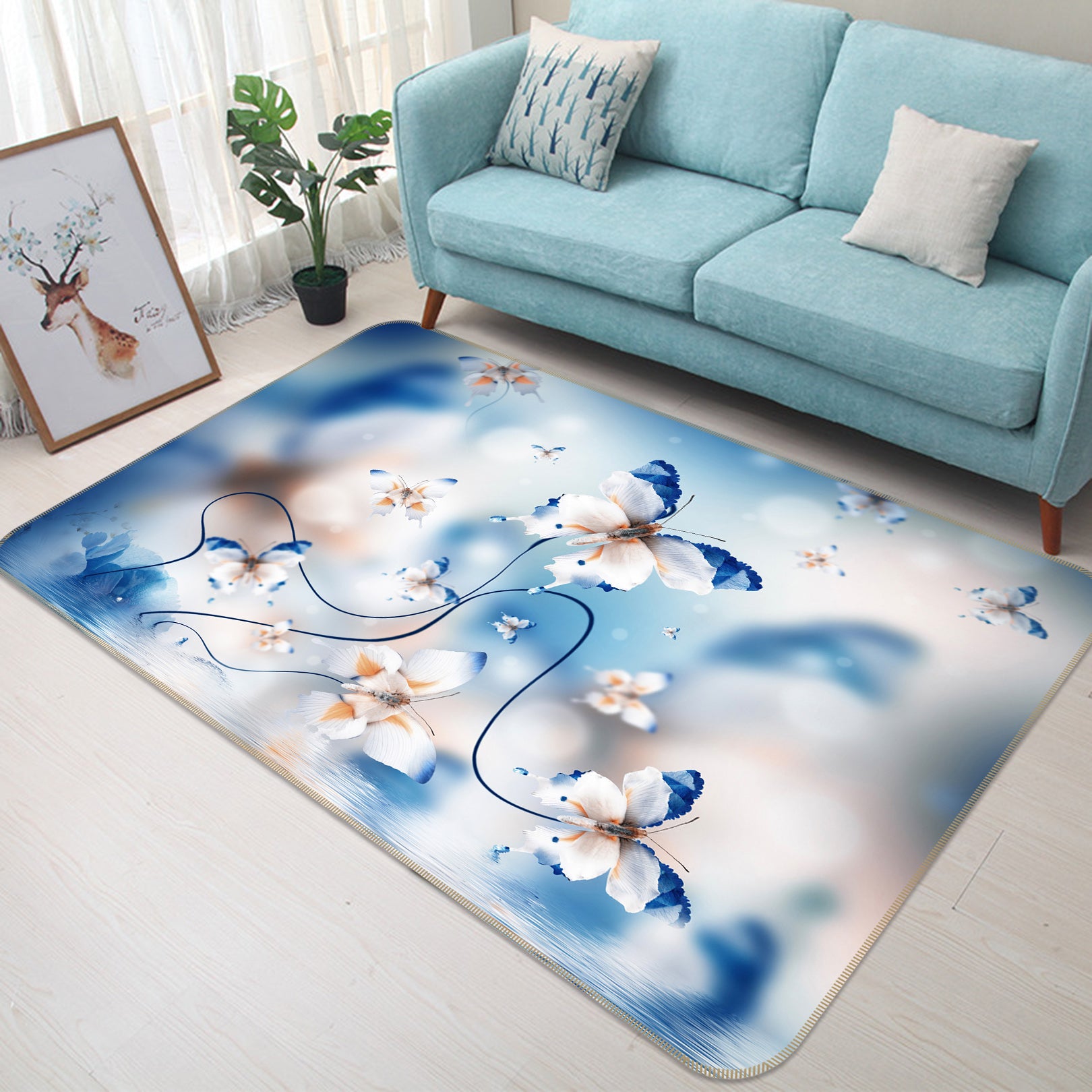 3D White Butterfly 050 Animal Non Slip Rug Mat