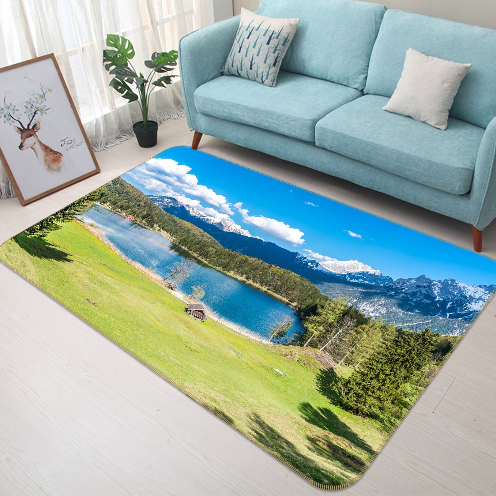 3D Lake Snow Mountain Grass 30127 Non Slip Rug Mat
