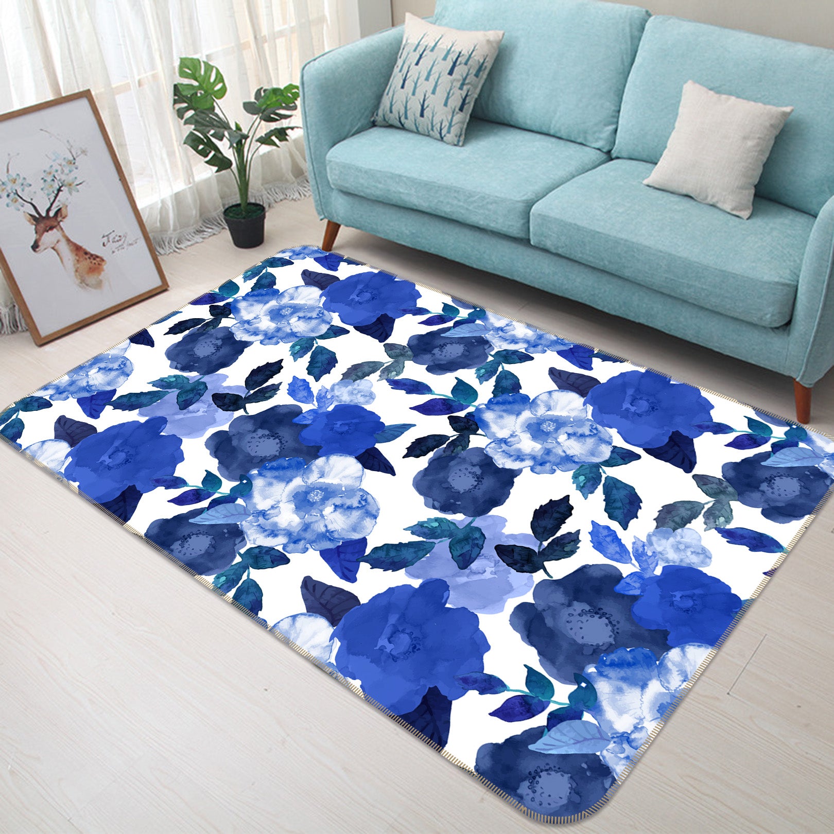 3D Blue Flowers 35071 Non Slip Rug Mat