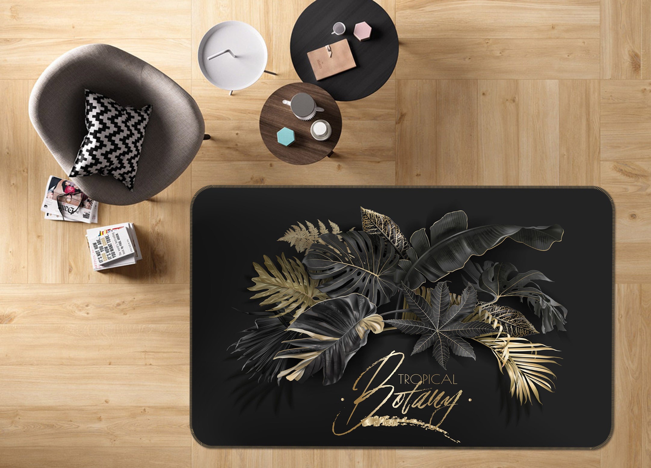 3D Black Gold Leaves 77199 Non Slip Rug Mat