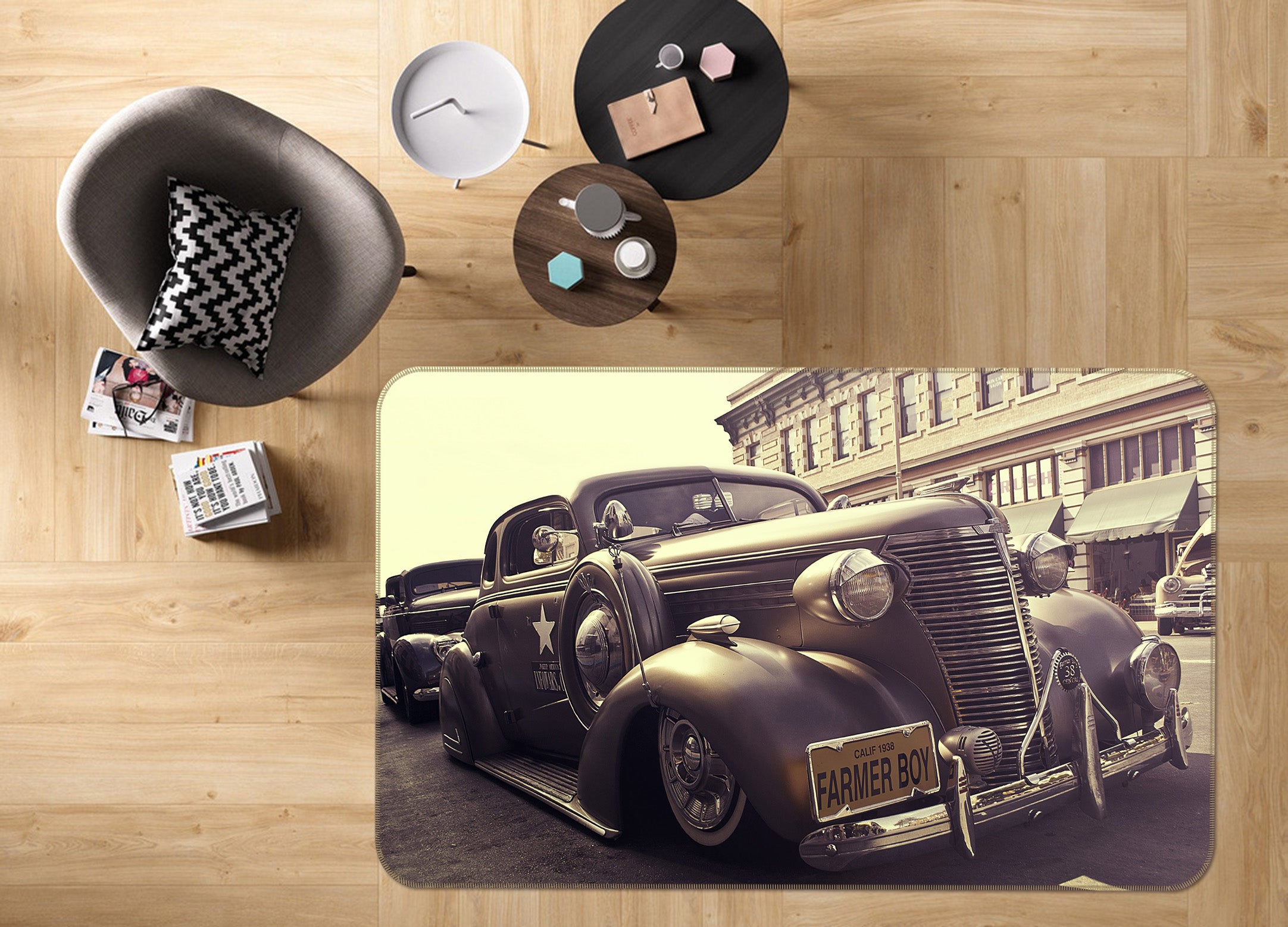 3D Black Vintage Car 68074 Vehicle Non Slip Rug Mat