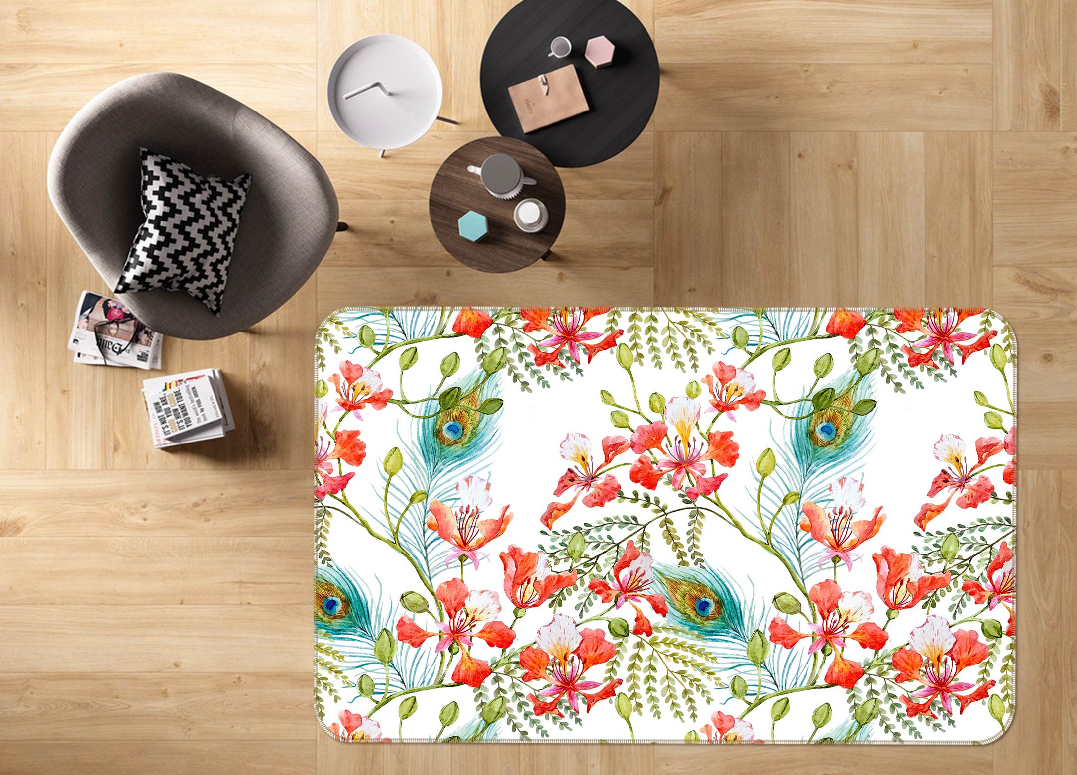 3D Flower Peacock Feather 37045 Non Slip Rug Mat