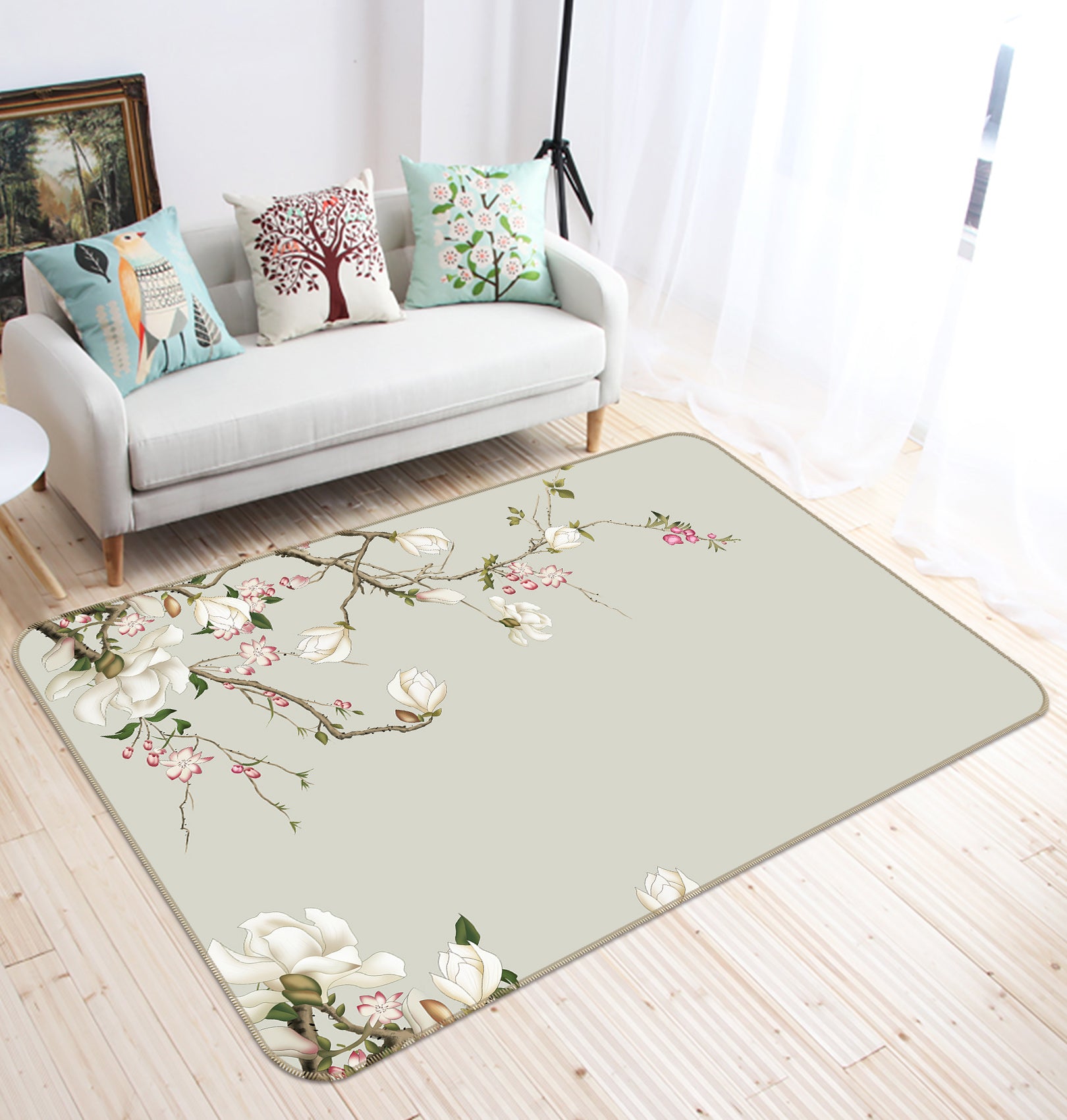 3D White Flower Branch 65137 Non Slip Rug Mat