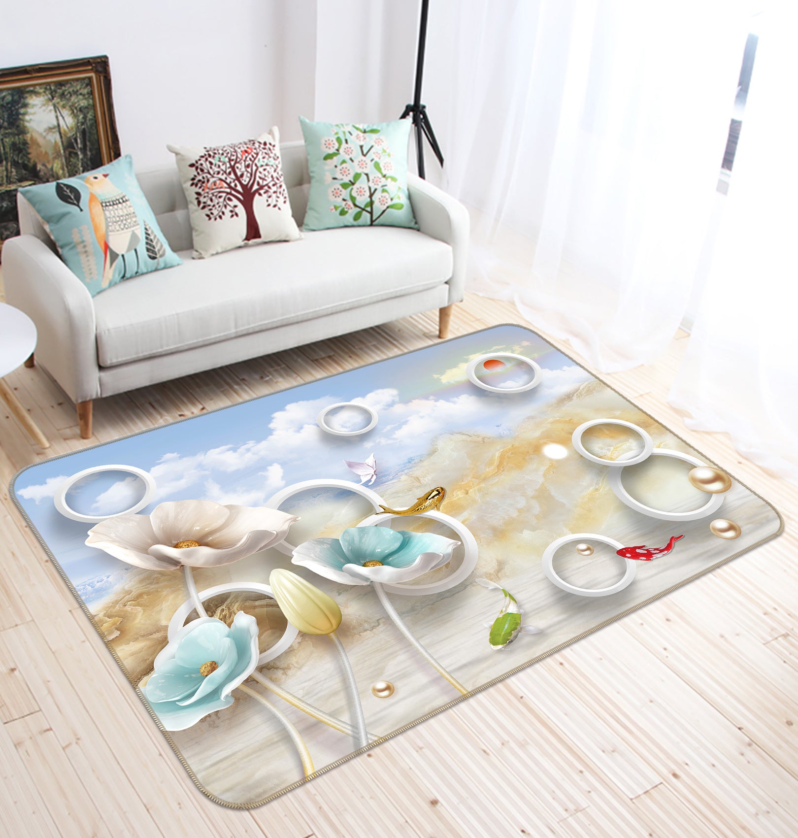 3D Flower Circle Fish 65141 Non Slip Rug Mat
