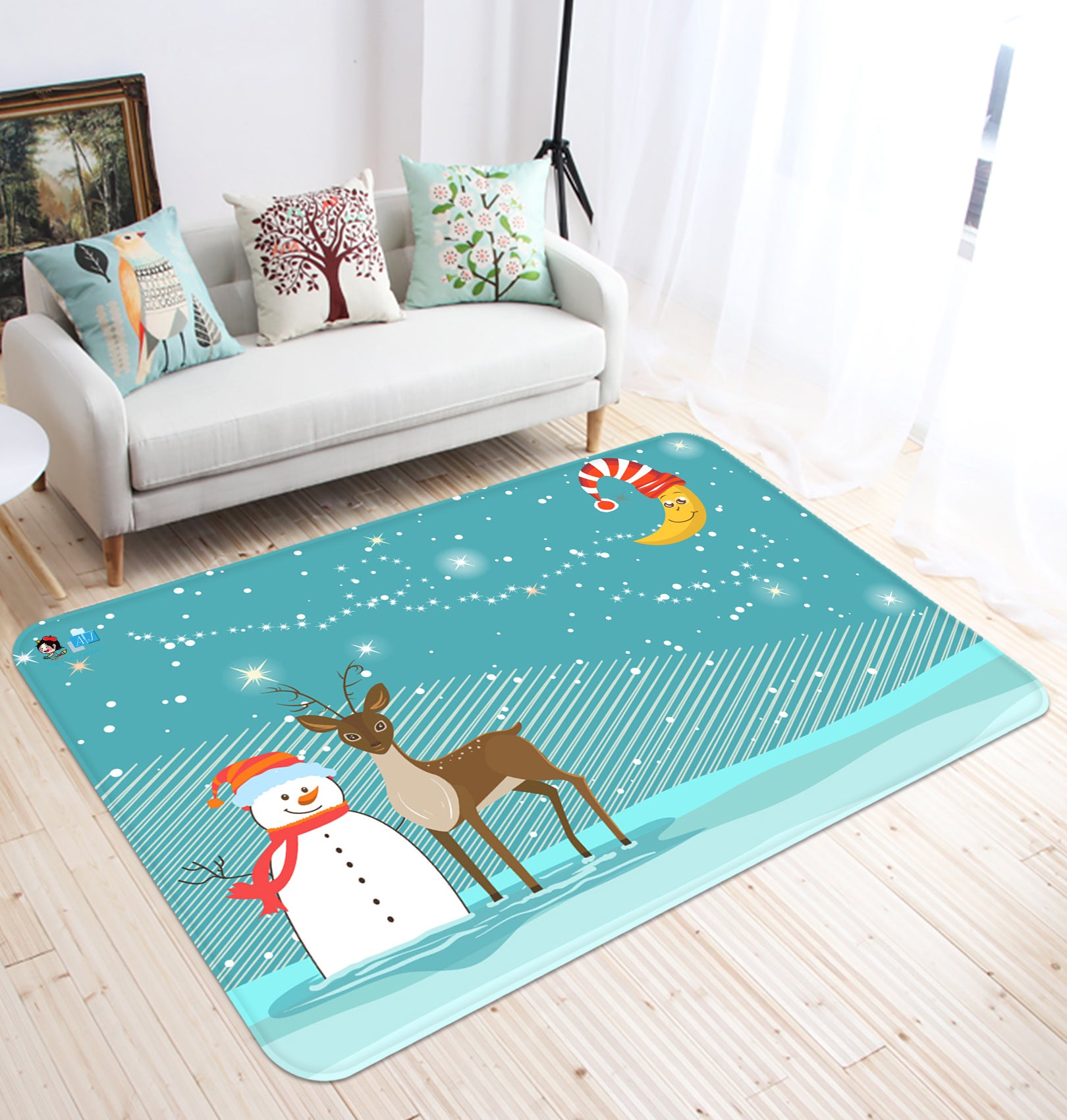 3D Snowman Deer Moon 65203 Christmas Non Slip Rug Mat Xmas
