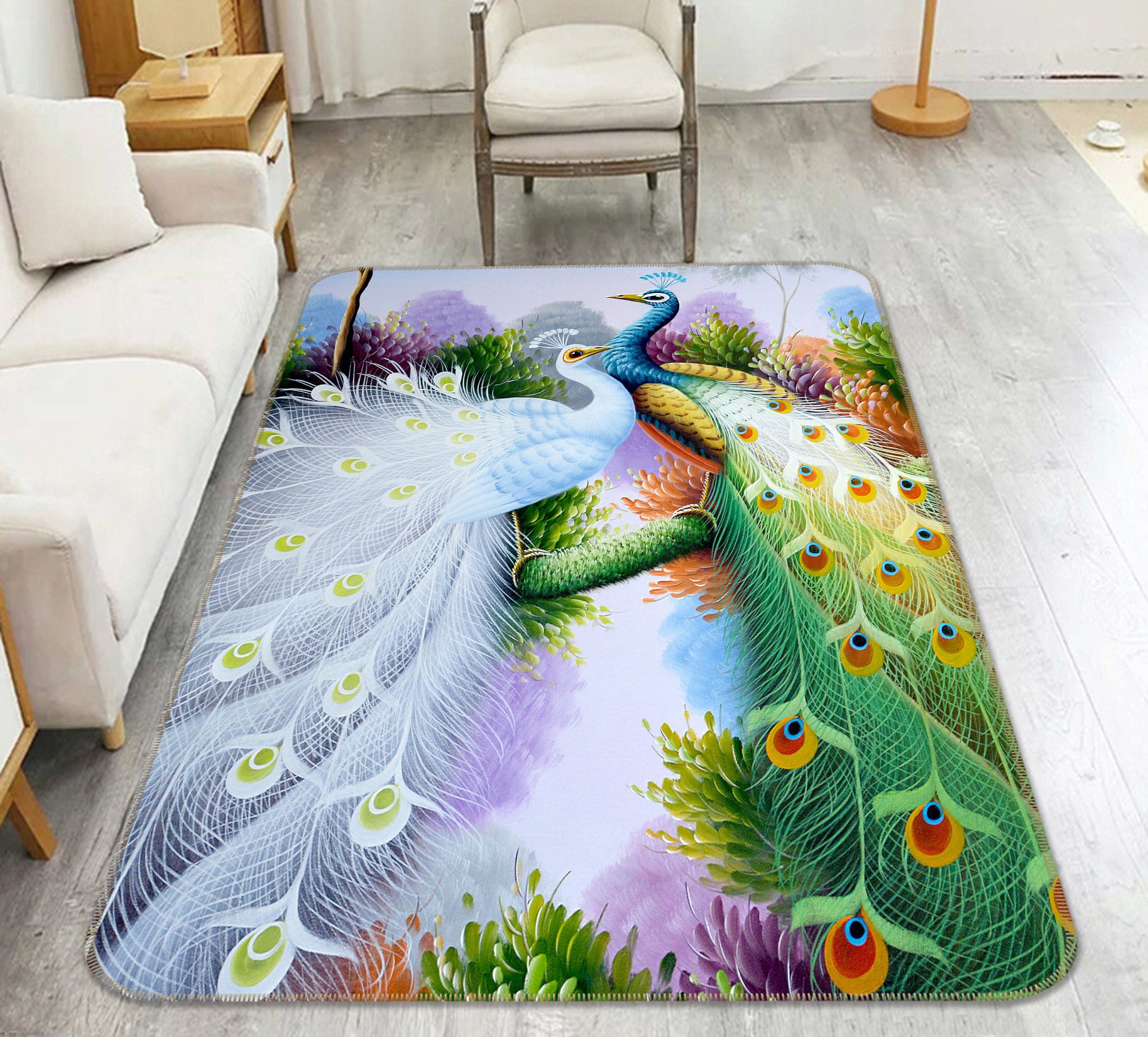 3D White Green Peacock 65168 Non Slip Rug Mat