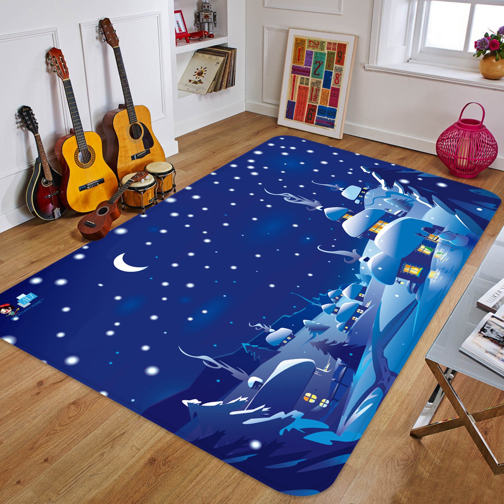 3D Night Snow House 65208 Christmas Non Slip Rug Mat Xmas