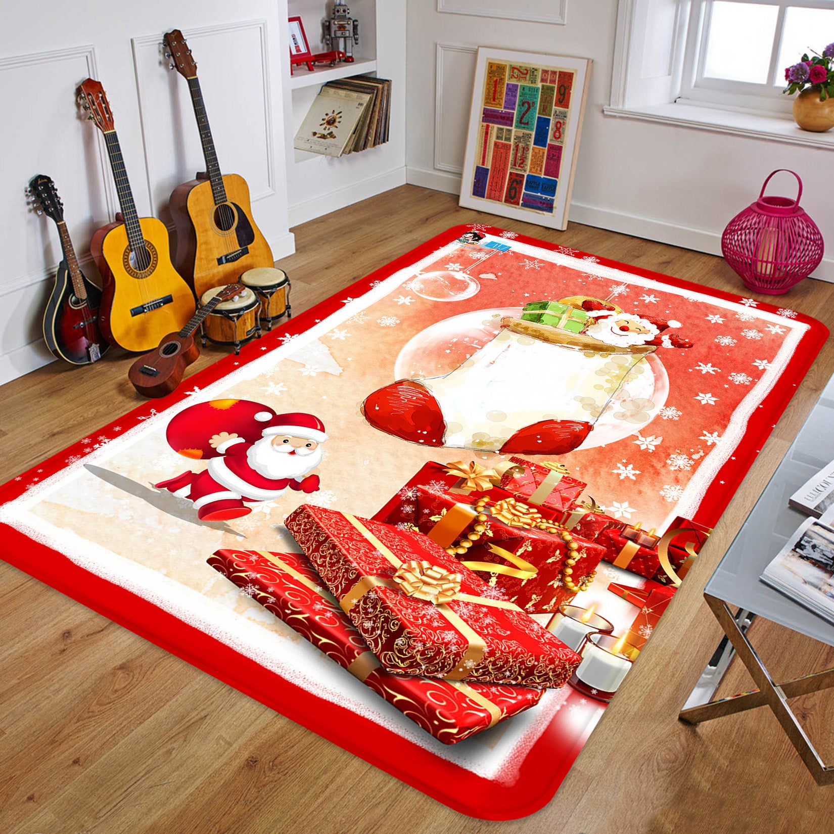 3D Santa Claus Red Gift Box 65218 Christmas Non Slip Rug Mat Xmas