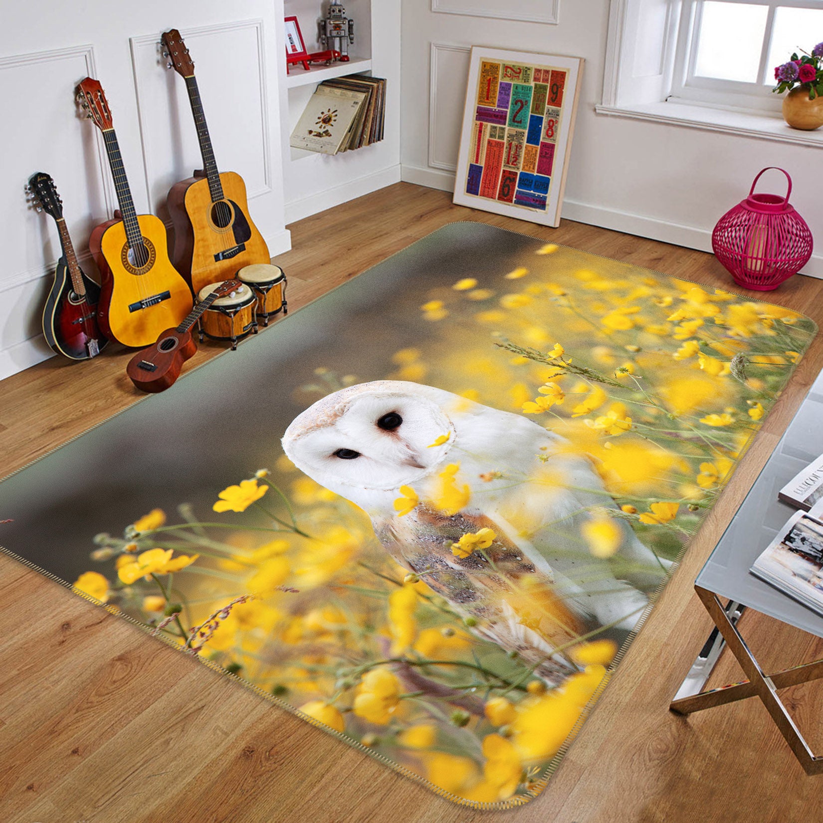 3D Flower Bush White Owl 68232 Animal Non Slip Rug Mat