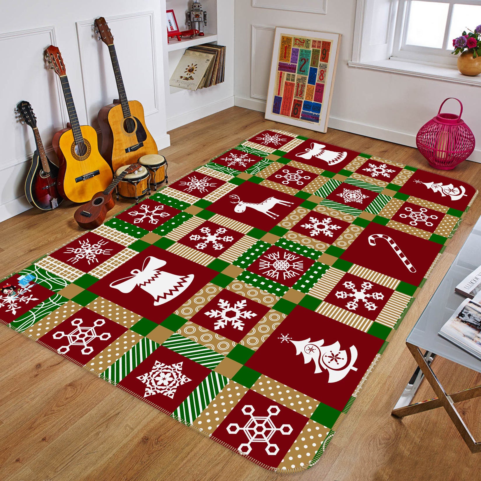 3D Snowflake Tree Red Square 55019 Christmas Non Slip Rug Mat Xmas