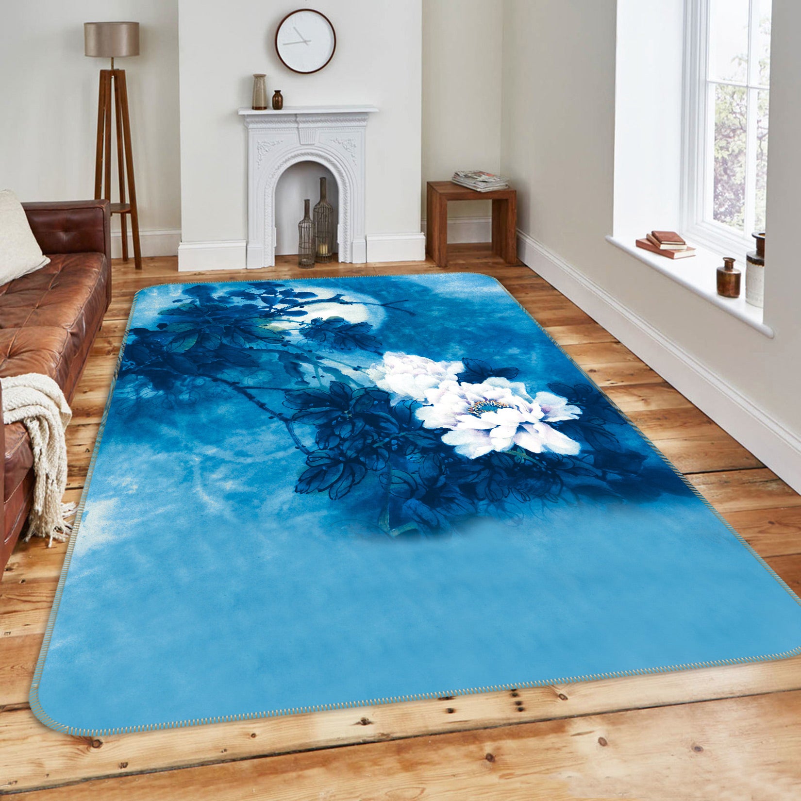3D White Blue Flowers 76082 Non Slip Rug Mat